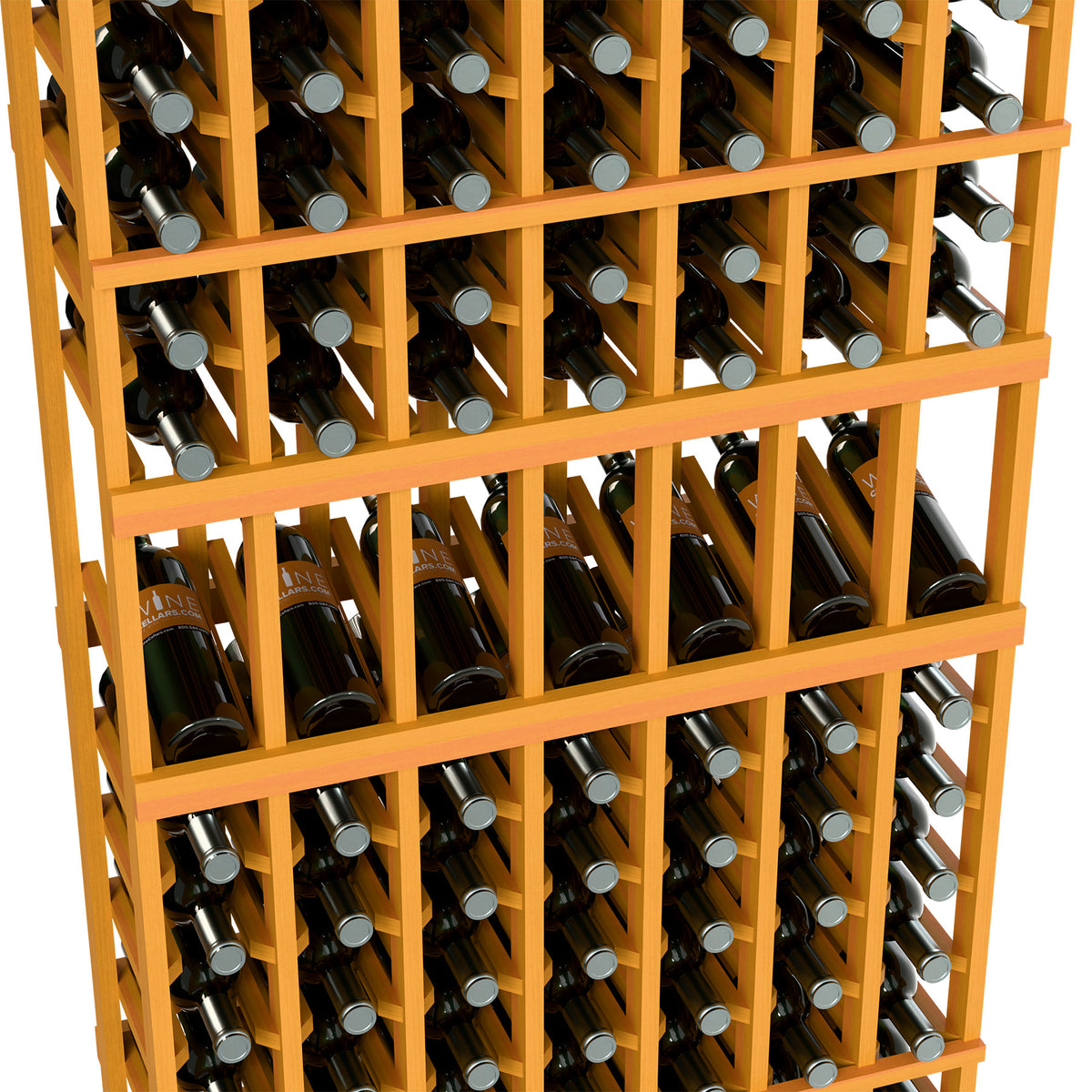 Close-up of light wood wine bottle display rack with bottle slots