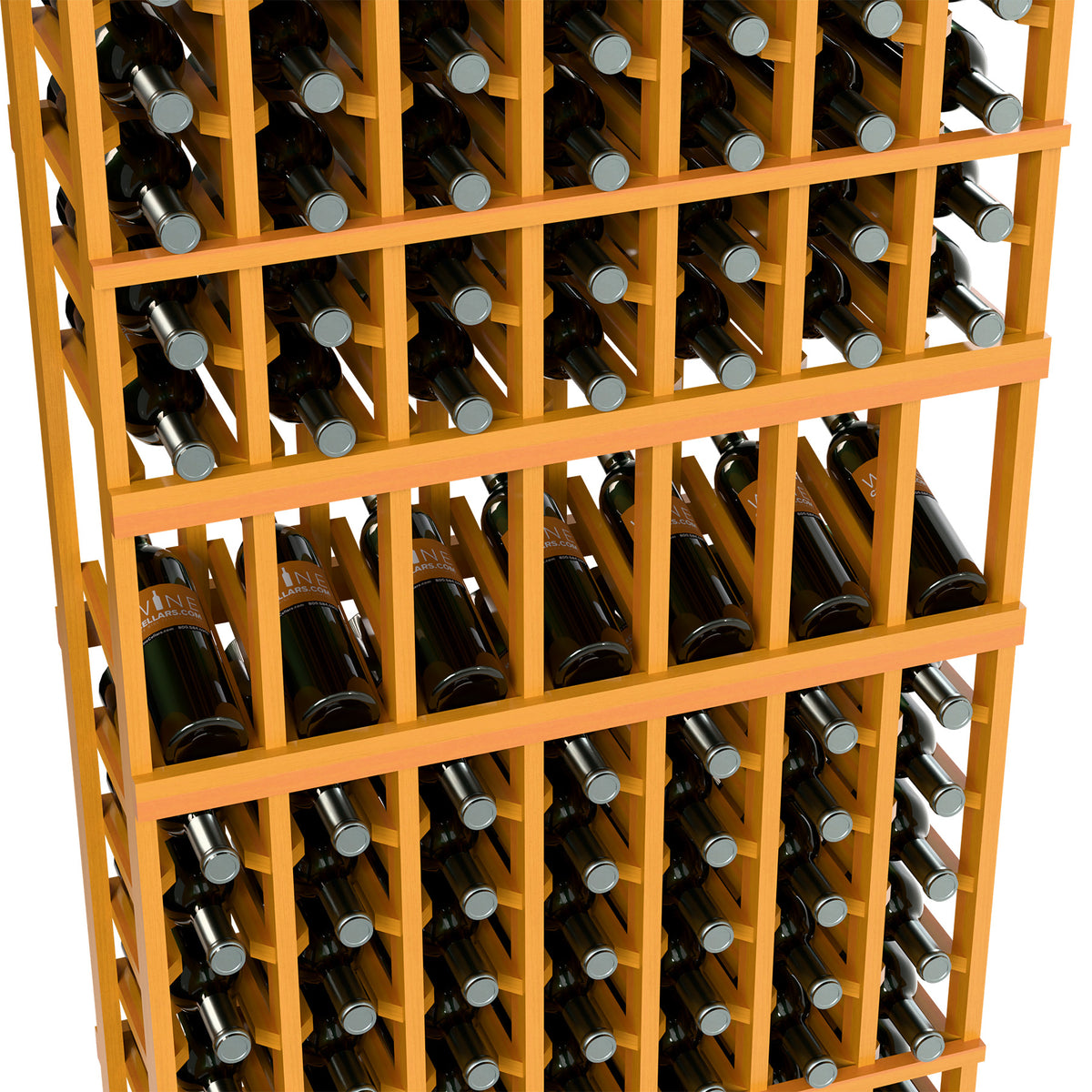 Close-up of warm wood wine bottle display rack holding upright bottles