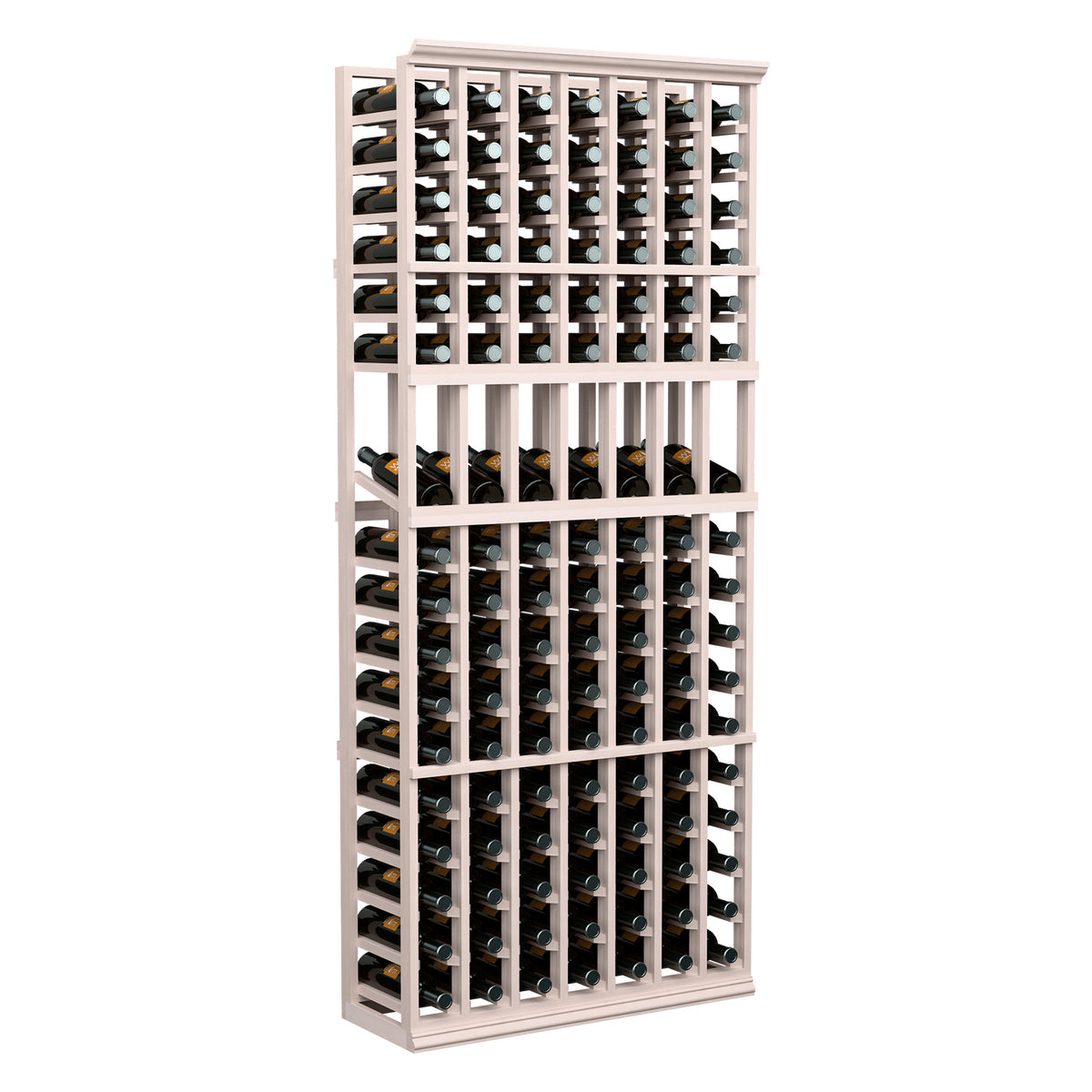 White wood wine bottle display rack with 7 columns for vertically stored bottles