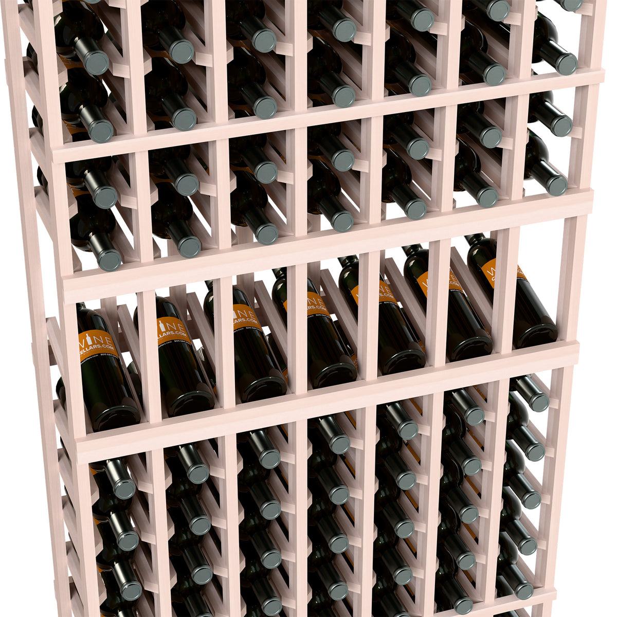 Close-up of white wood wine bottle display rack with bottle slots