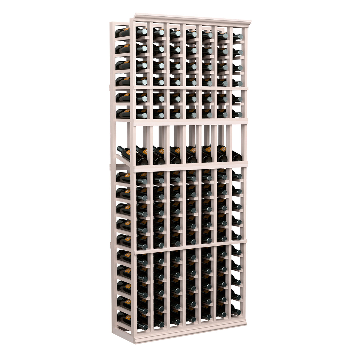 Light grey wood wine bottle display rack with 7 columns for upright bottles