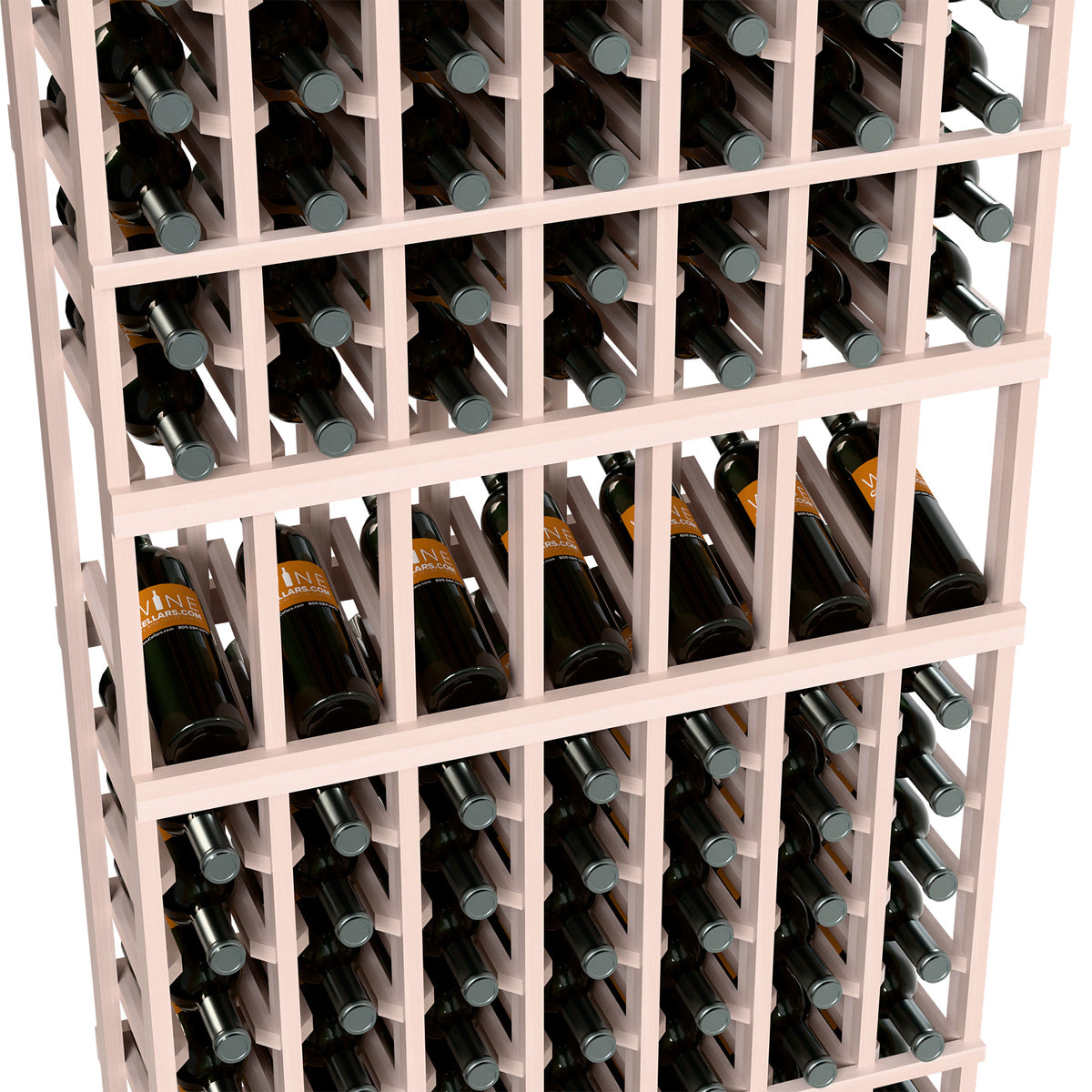 Close-up of light grey wood wine bottle display rack holding capped bottles