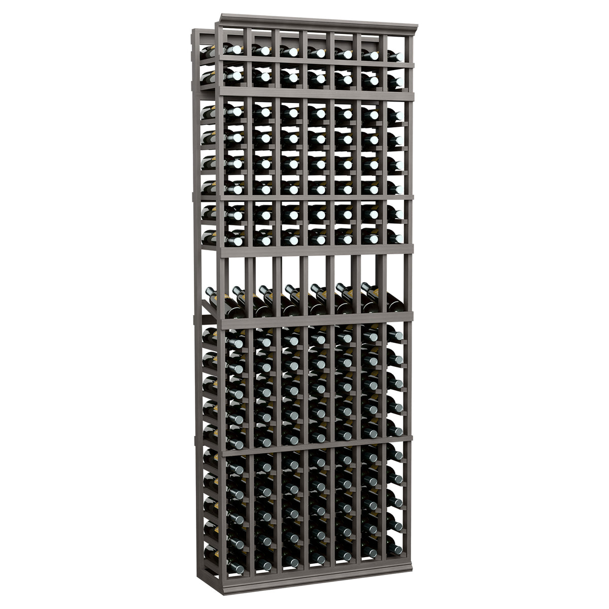 Tall wine bottle display rack with dark frame wire grid, 7 columns