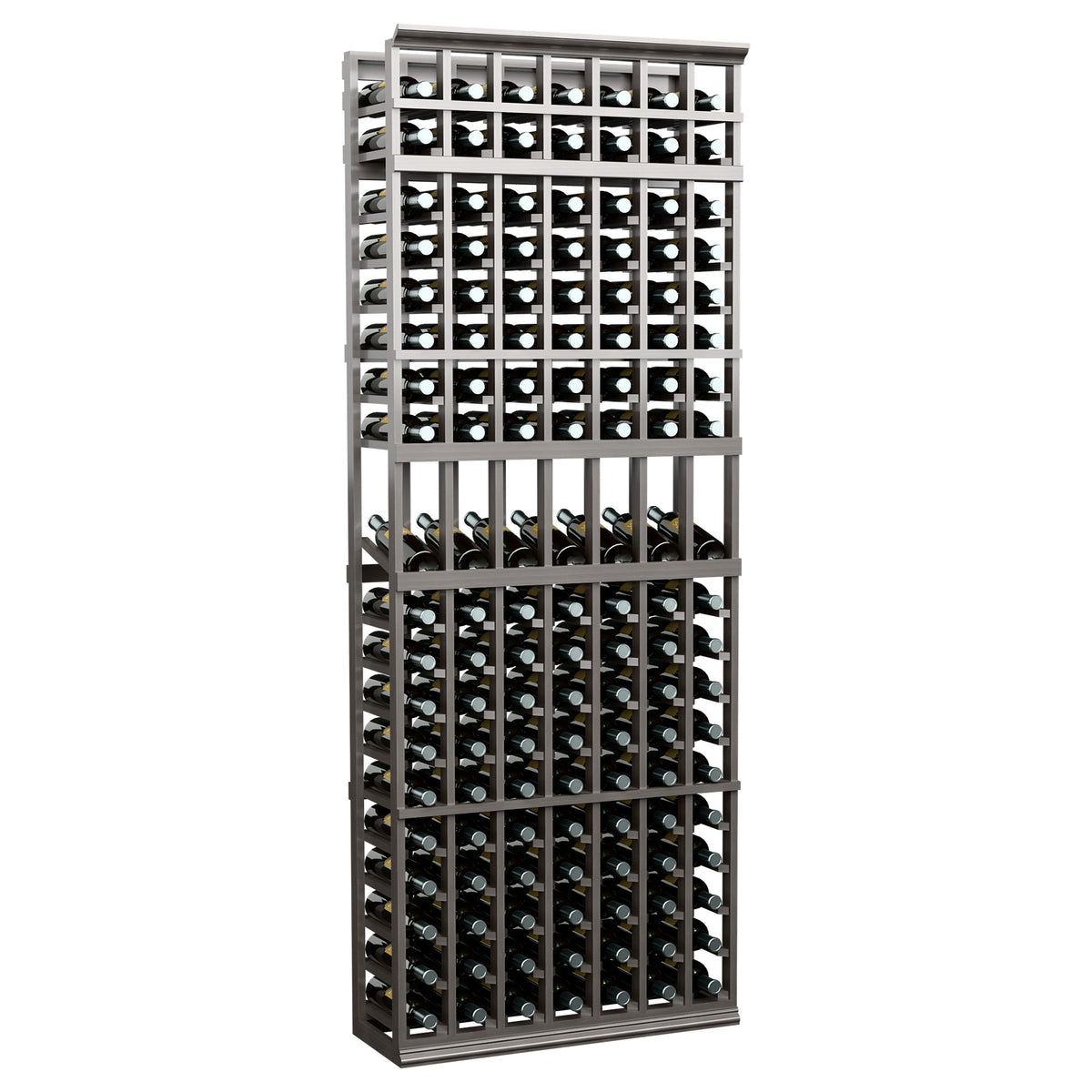 Tall wine bottle display rack with dark frame wire grid and 7 columns