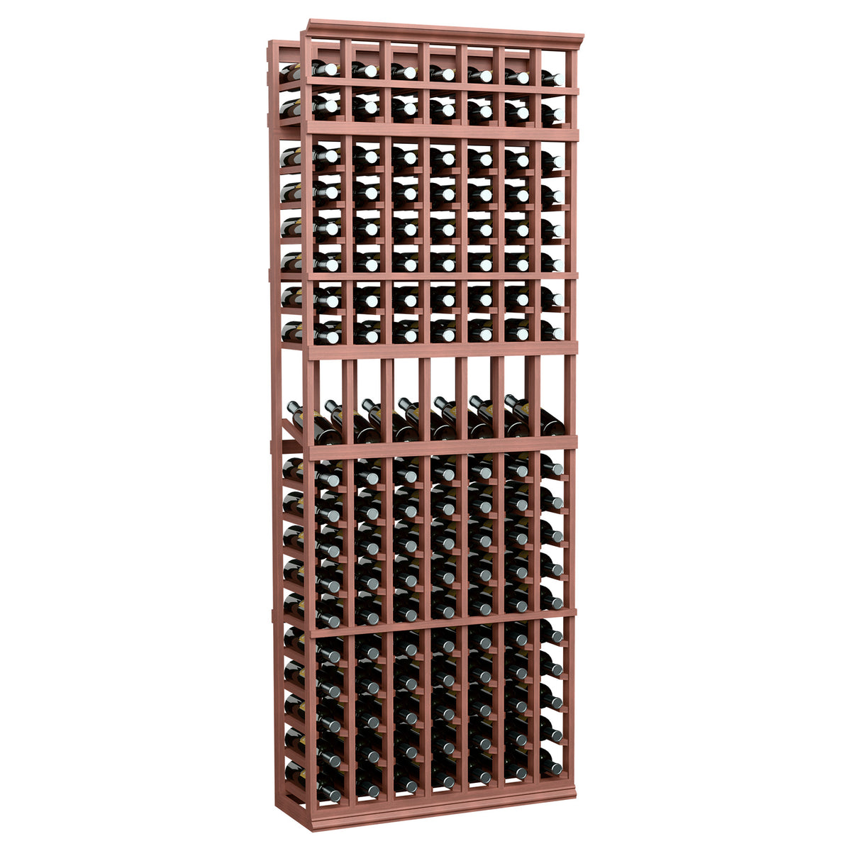 Tall wine bottle display rack with red-brown frame wire grid, 7 columns