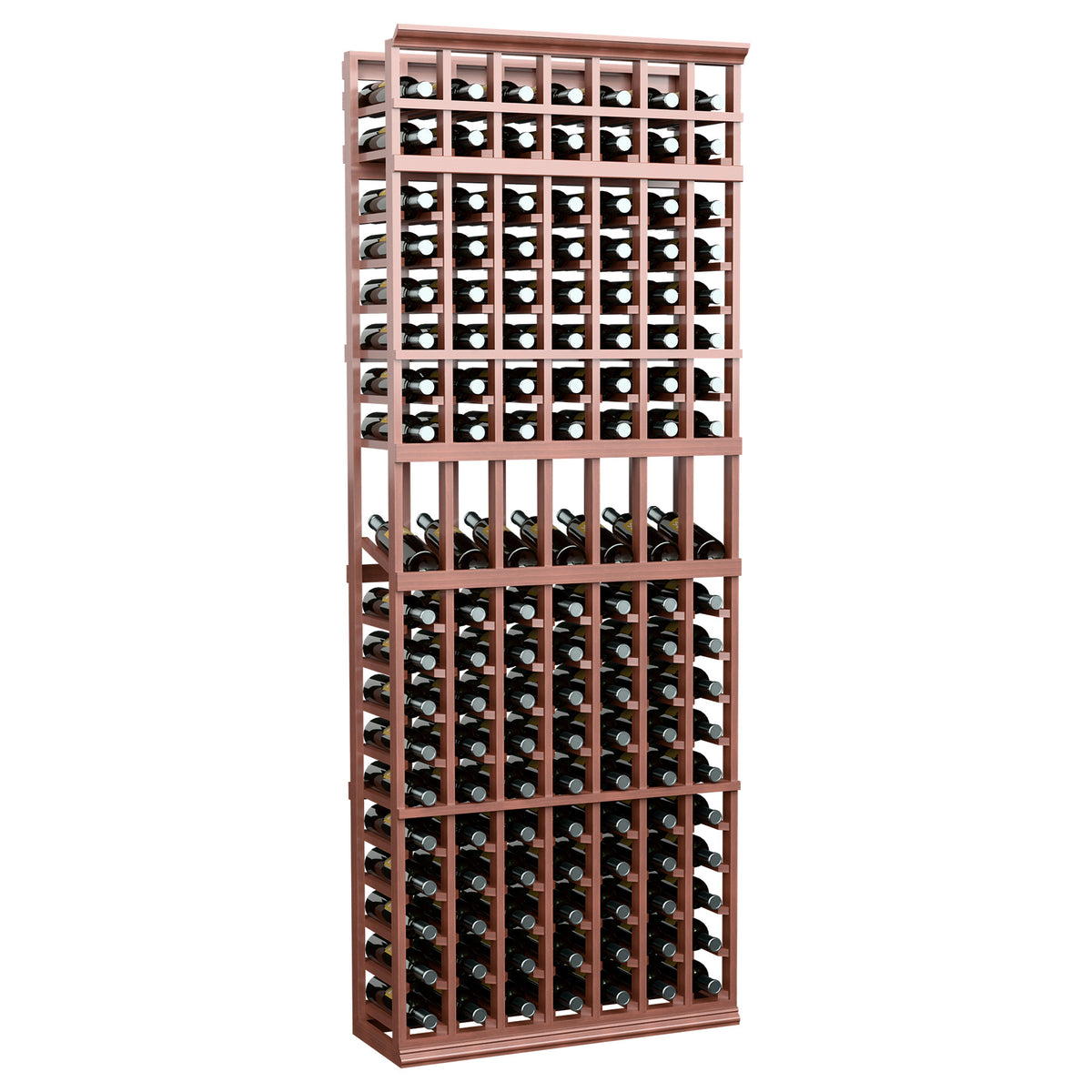 Tall wine bottle display rack with red-brown frame wire grid and 7 columns