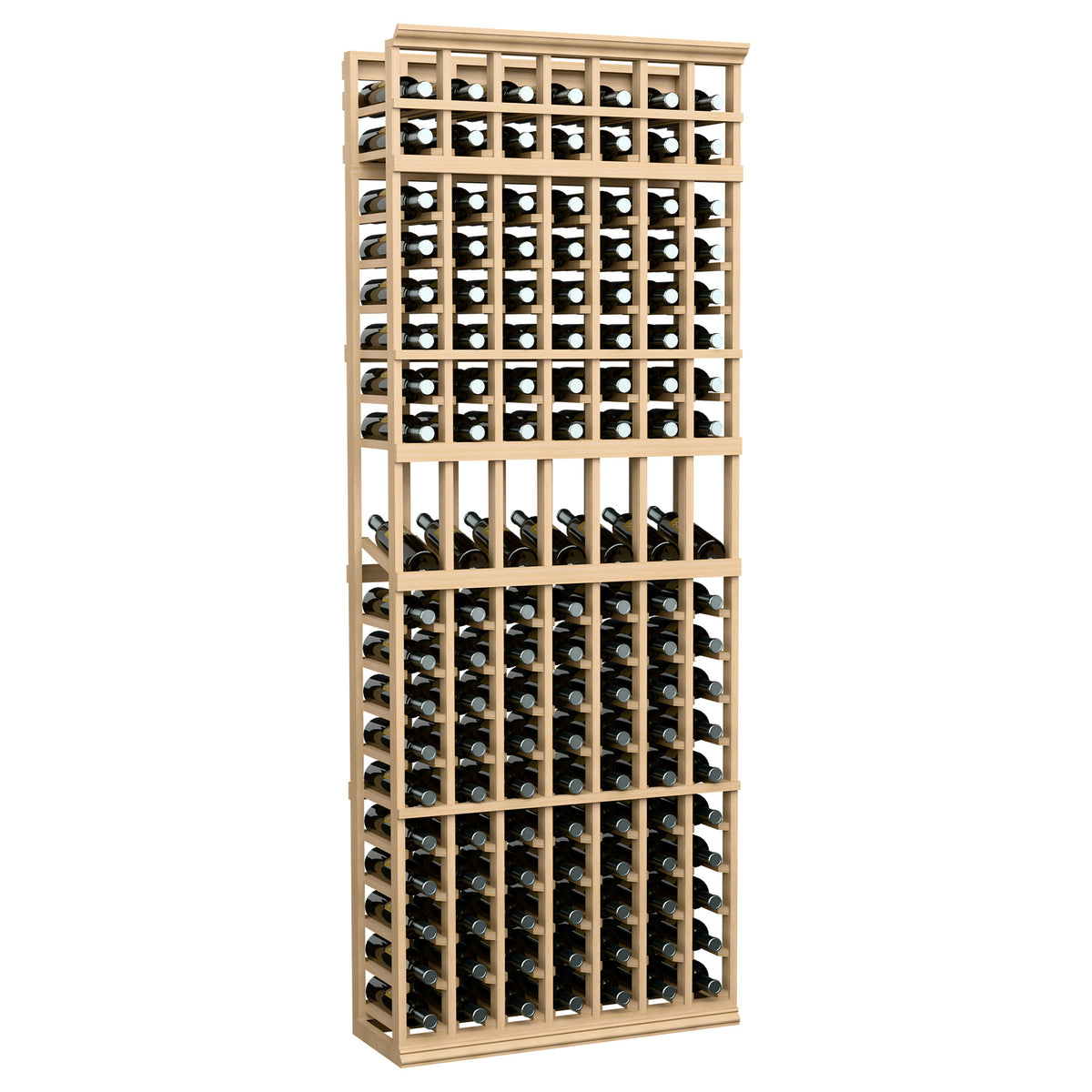 Tall wine bottle display rack with light wood frame wire grid, 7 columns