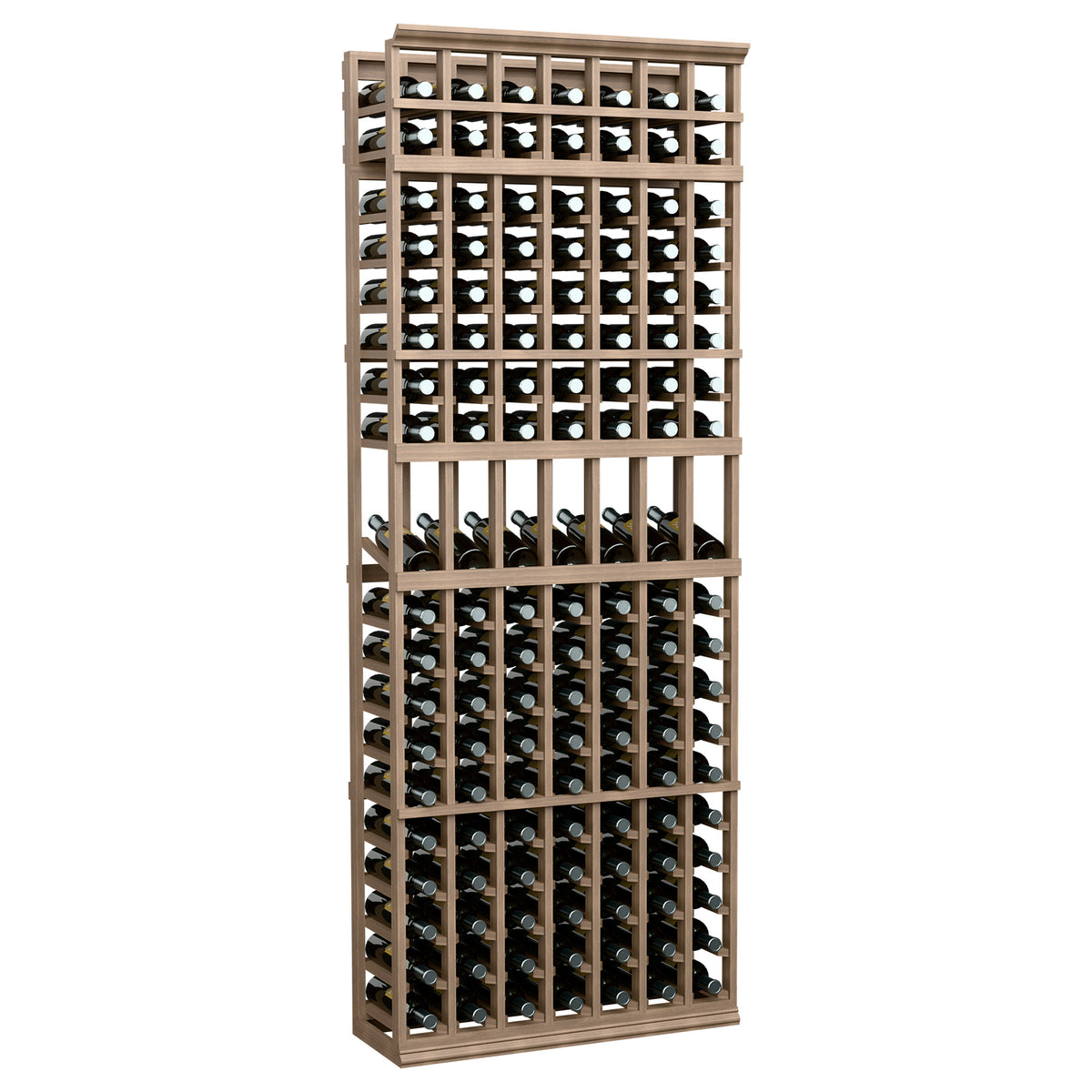 Tall wine bottle display rack with medium wood frame wire grid, 7 columns
