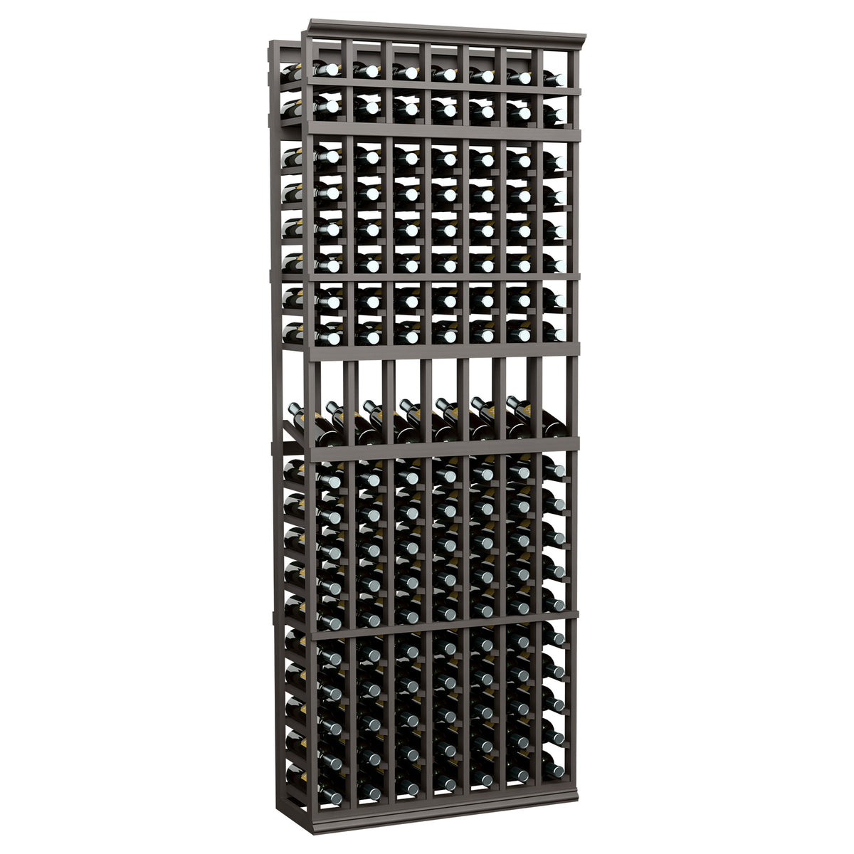 Tall wine bottle display rack with dark frame wire grid, 7 columns