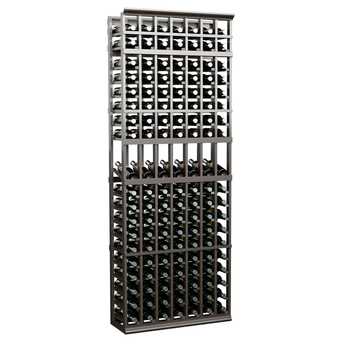 Tall wine bottle display rack with dark frame wire grid and 7 columns