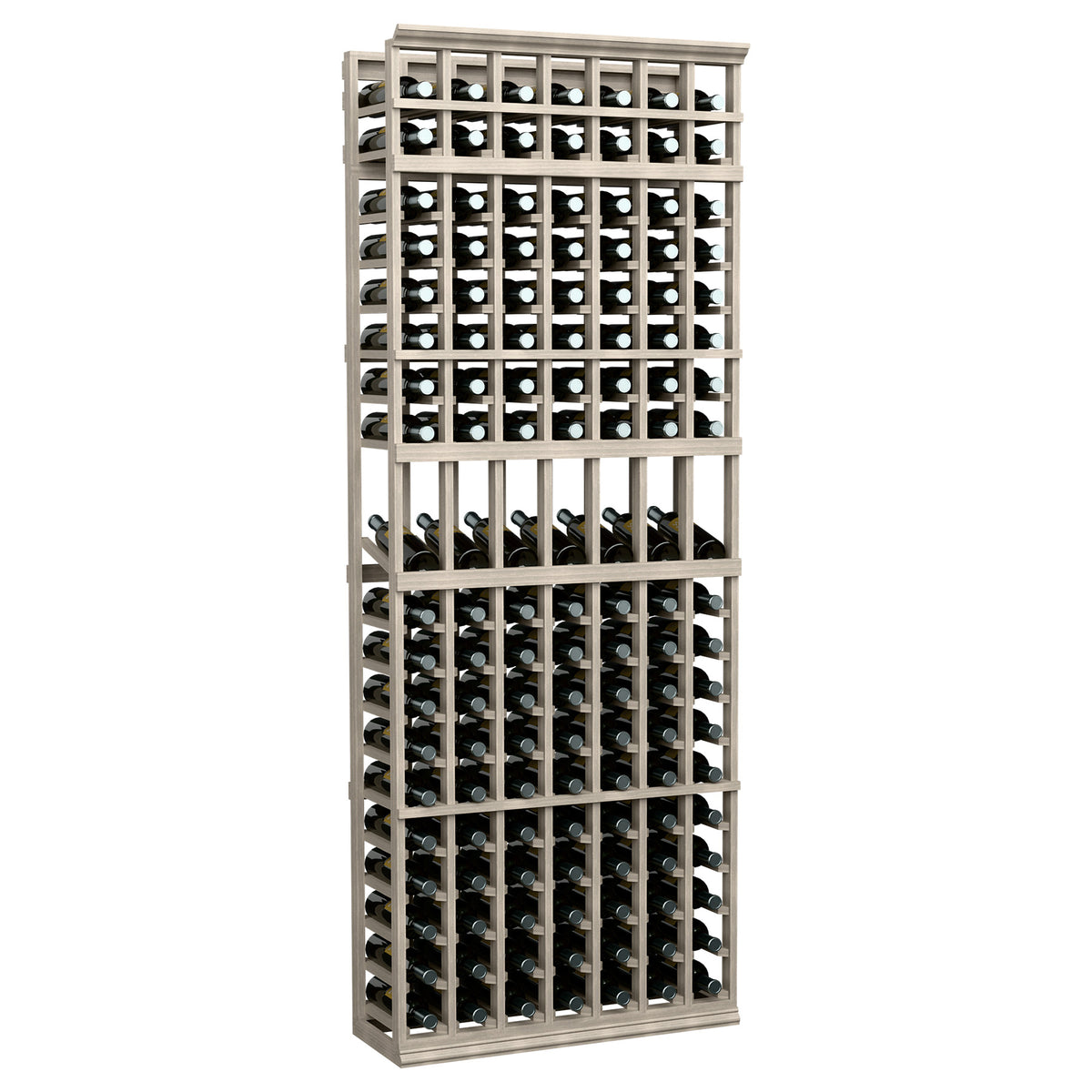 7-column wine display rack with bottle slots, light grey wood frame