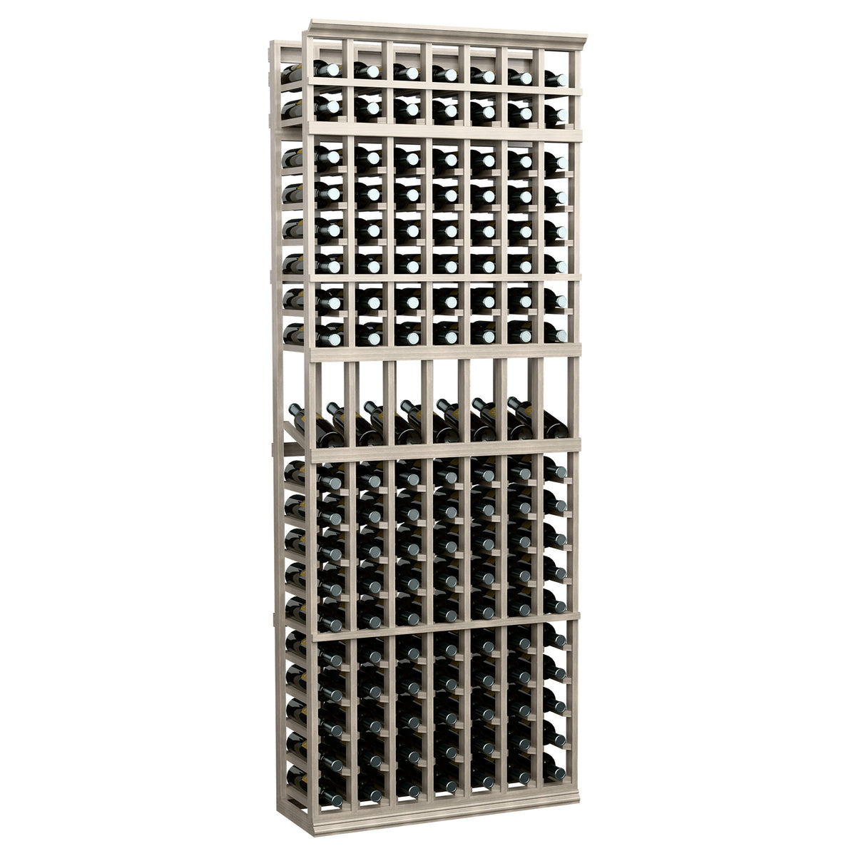 7-column wine display rack with bottle slots, light grey wood frame, front view