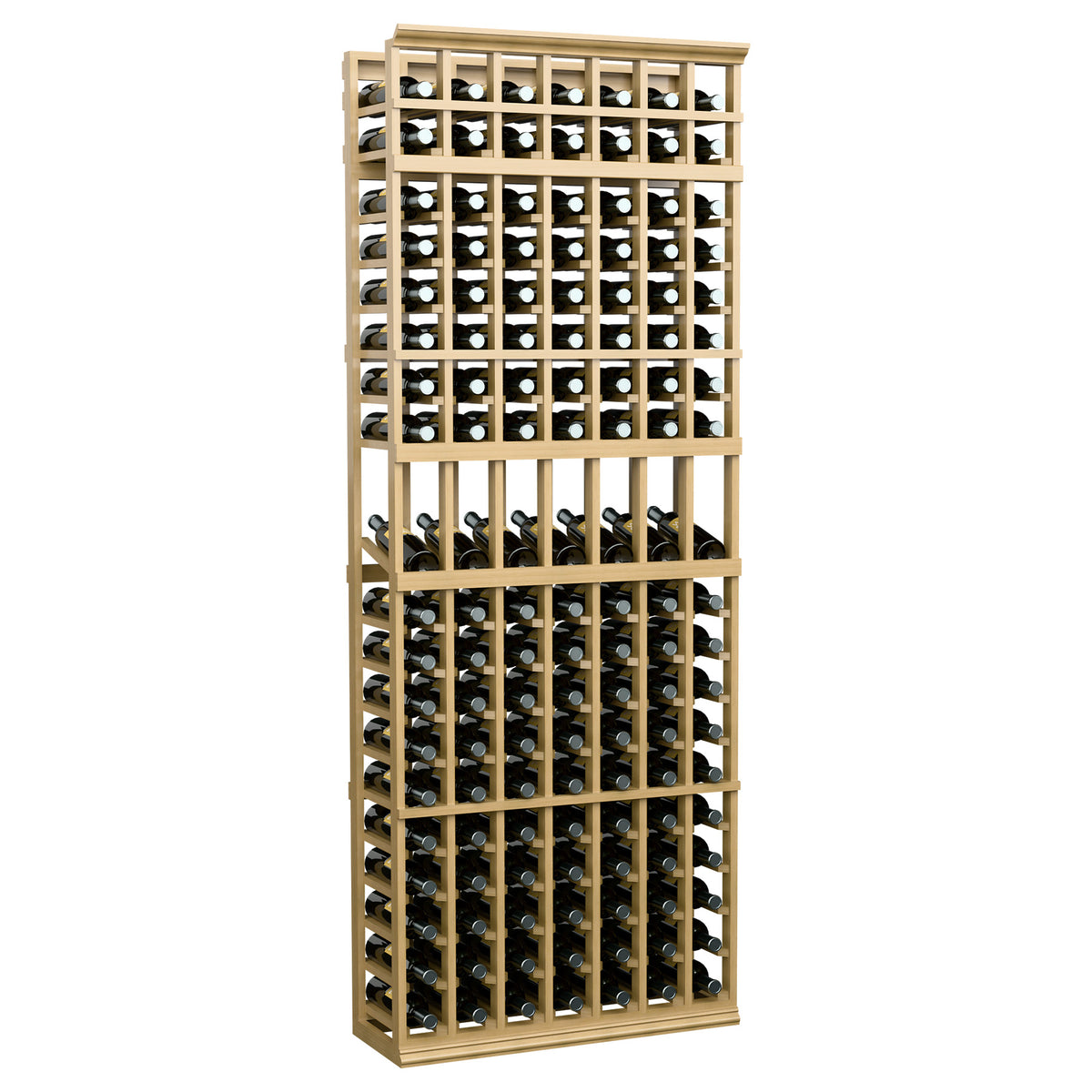 7-column wine display rack with bottle slots, natural wood frame, front bottle rows