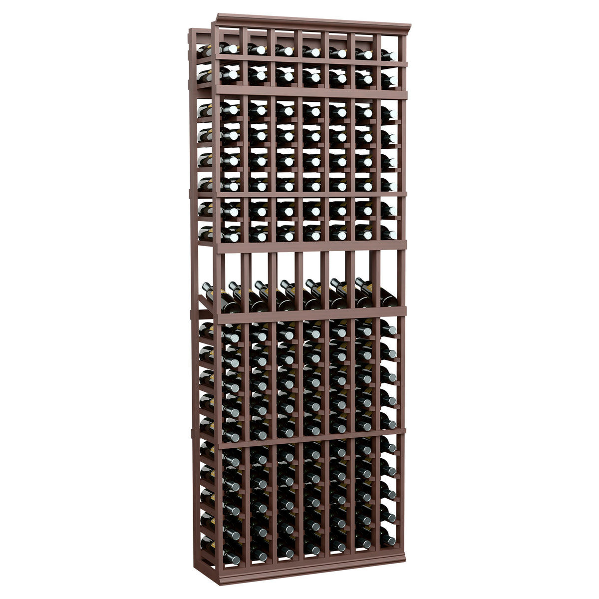 7-column wine display rack with bottle slots, dark wood frame and wine bottles