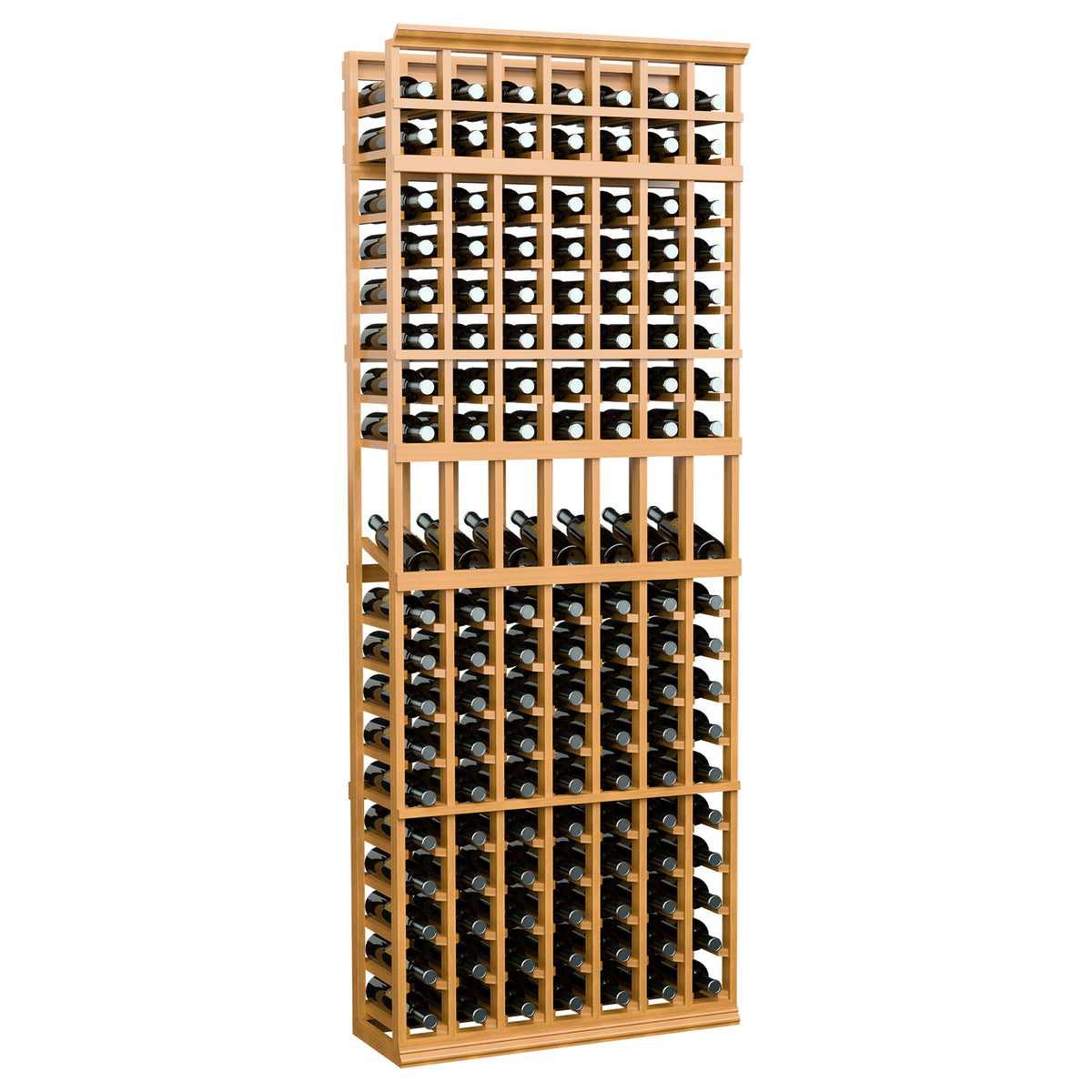 7-column wine display rack with bottle slots, warm honey wood frame, full bottle grid