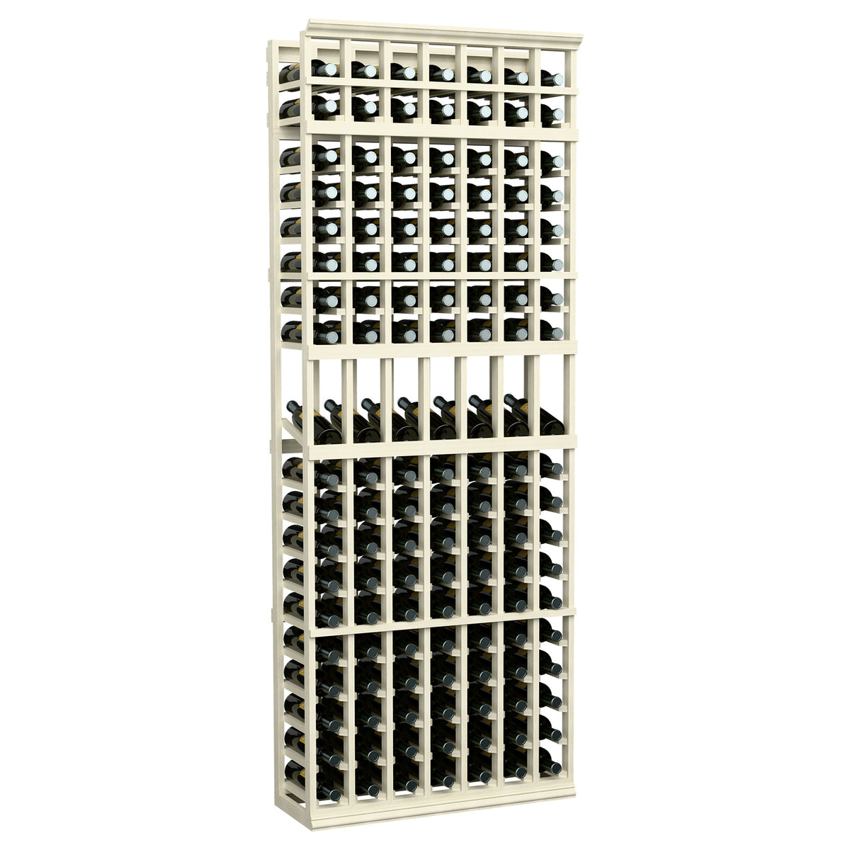 7-column wine display rack with bottle slots, whitewash light wood frame