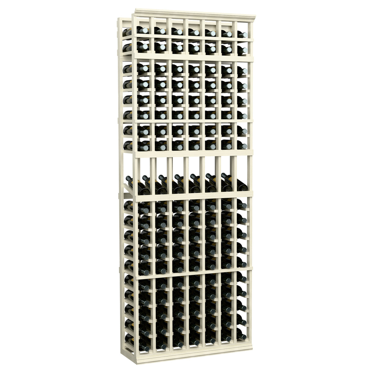7-column wine display rack with bottle slots, whitewash light wood frame, front view