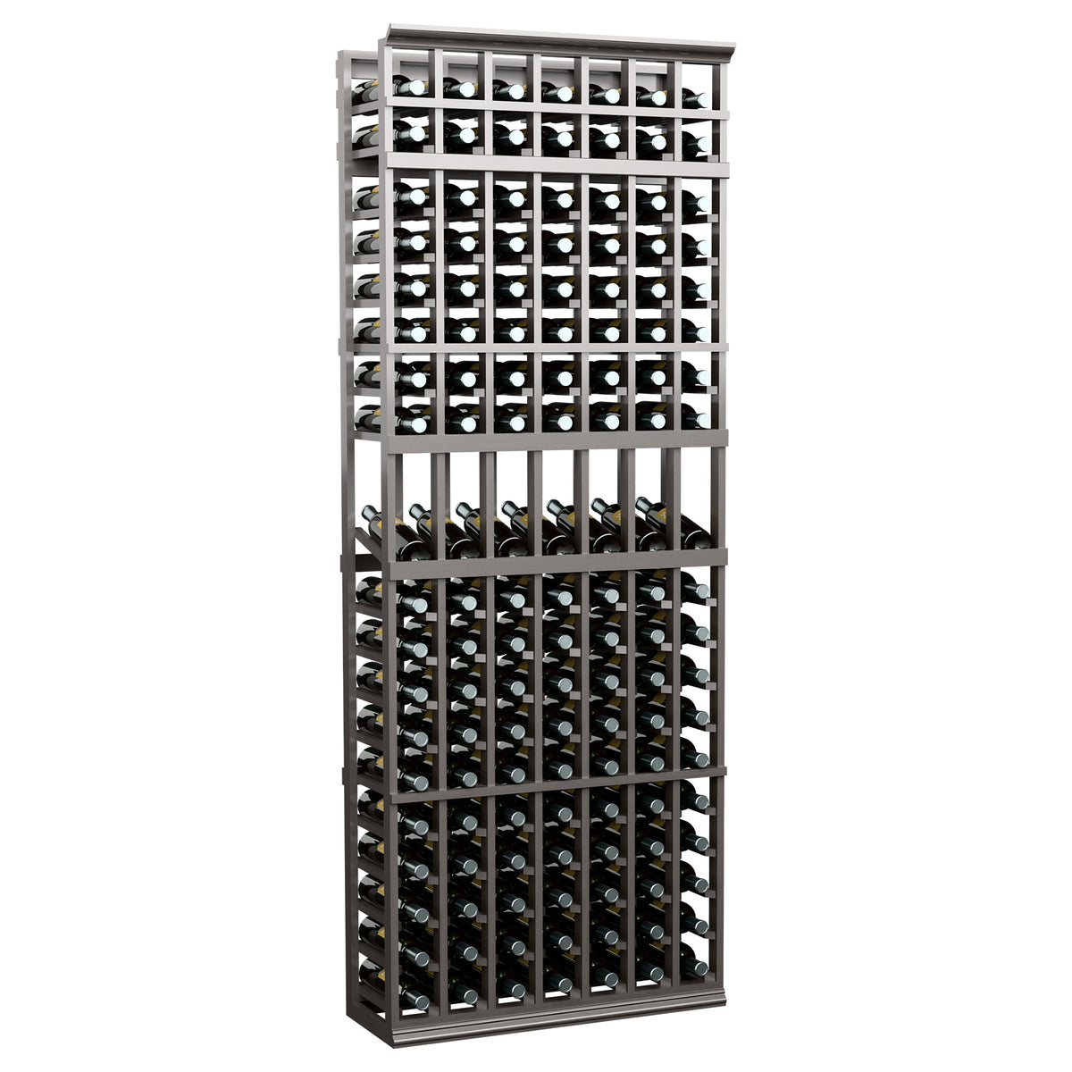 7-column wine bottle display rack with dark frame, multiple bottle rows visible