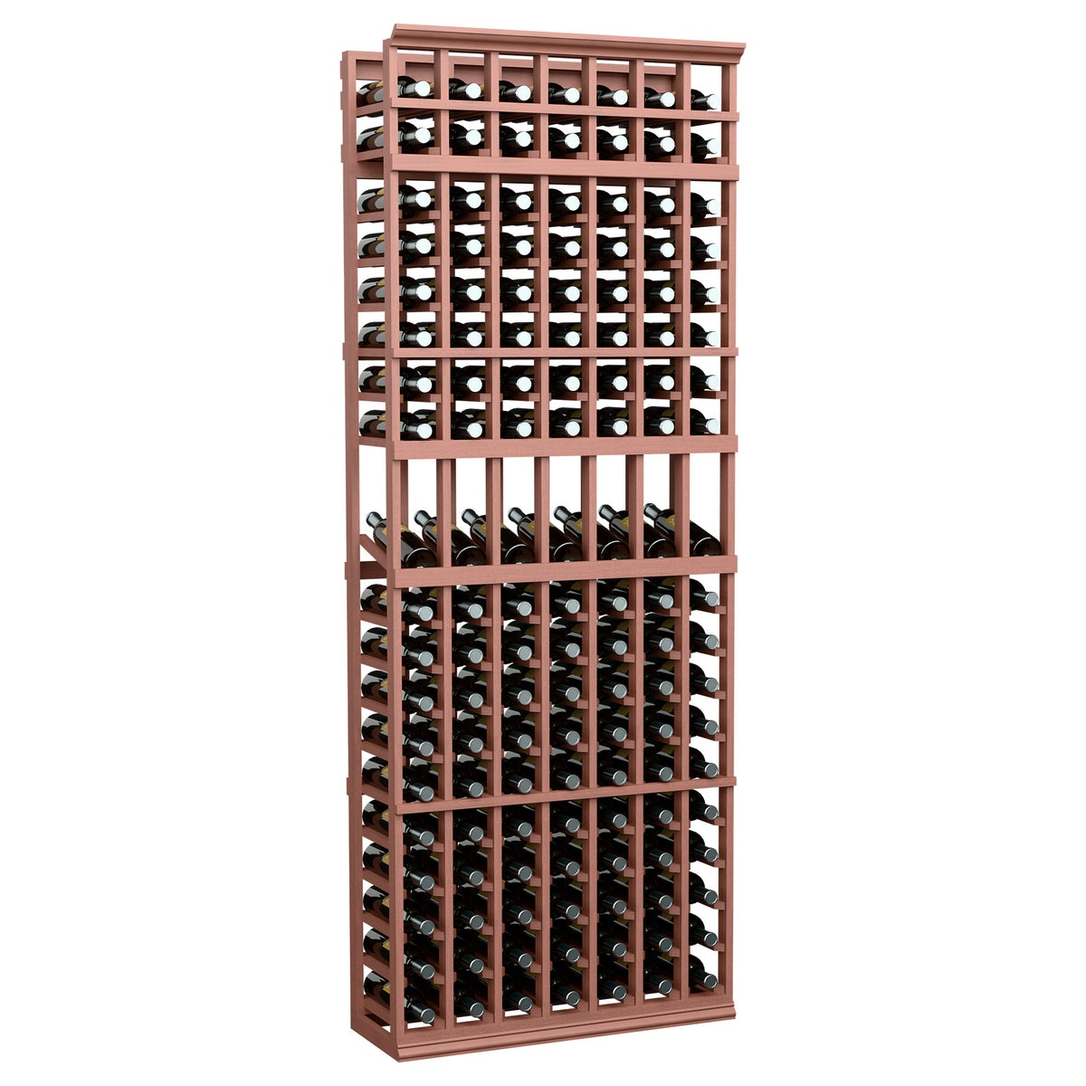 7-column wine bottle display rack with reddish wood frame, glass-front bottle storage