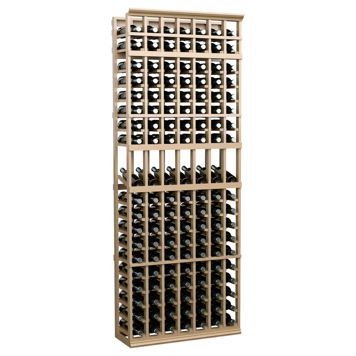7-column wine bottle display rack with light wood frame and front bottle row dividers