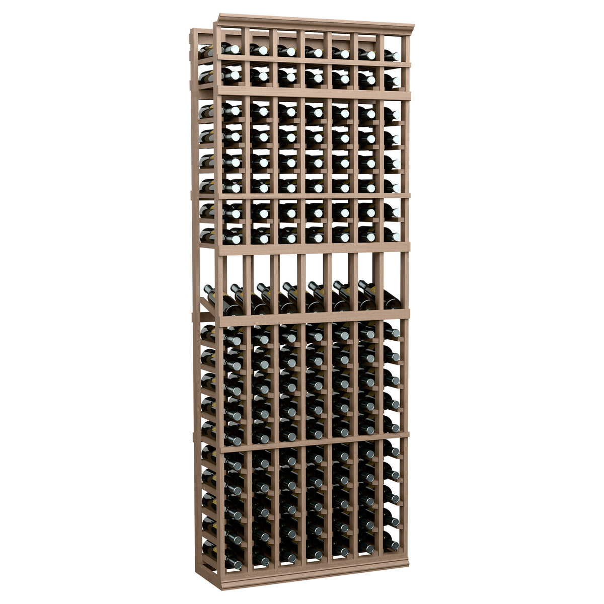 7-column wine bottle display rack with medium light wood frame, bottles in grid rows