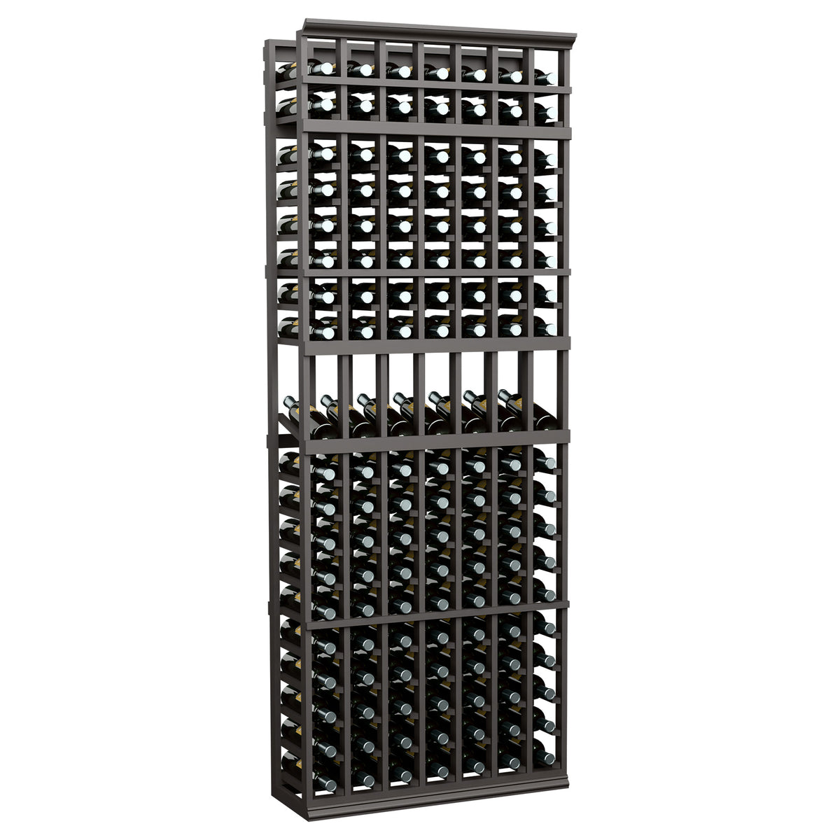 7-column wine bottle display rack with dark frame, bottle racks and front glass panels