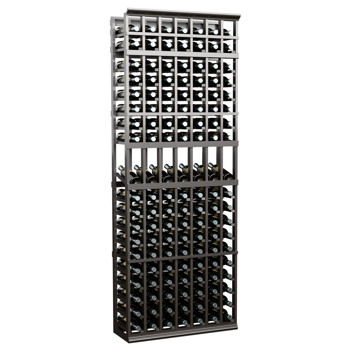 7-column wine bottle display rack with dark frame, front rows of stored bottles