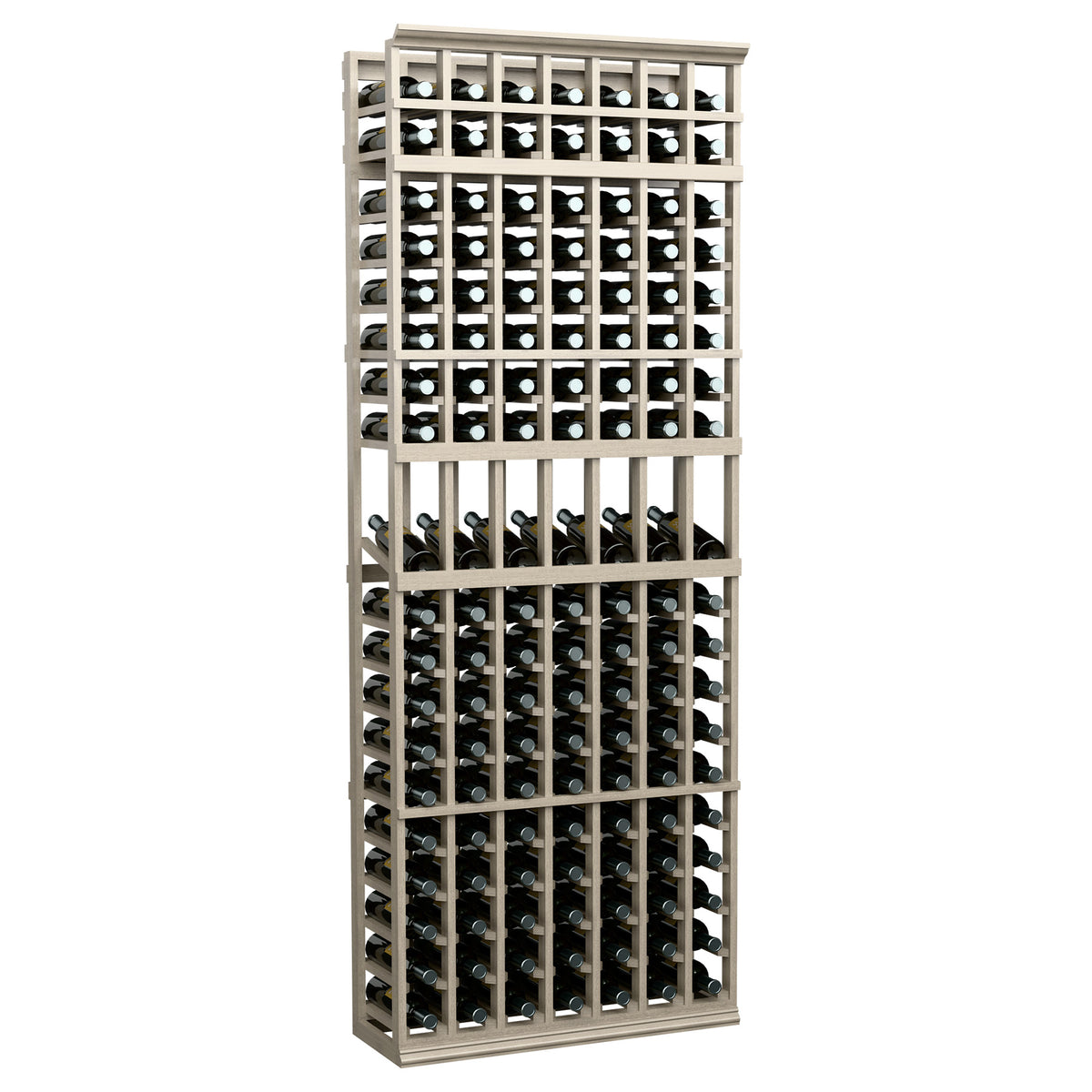 7ft wine bottle display rack with 7 columns, light gray wood frame, filled bottle slots