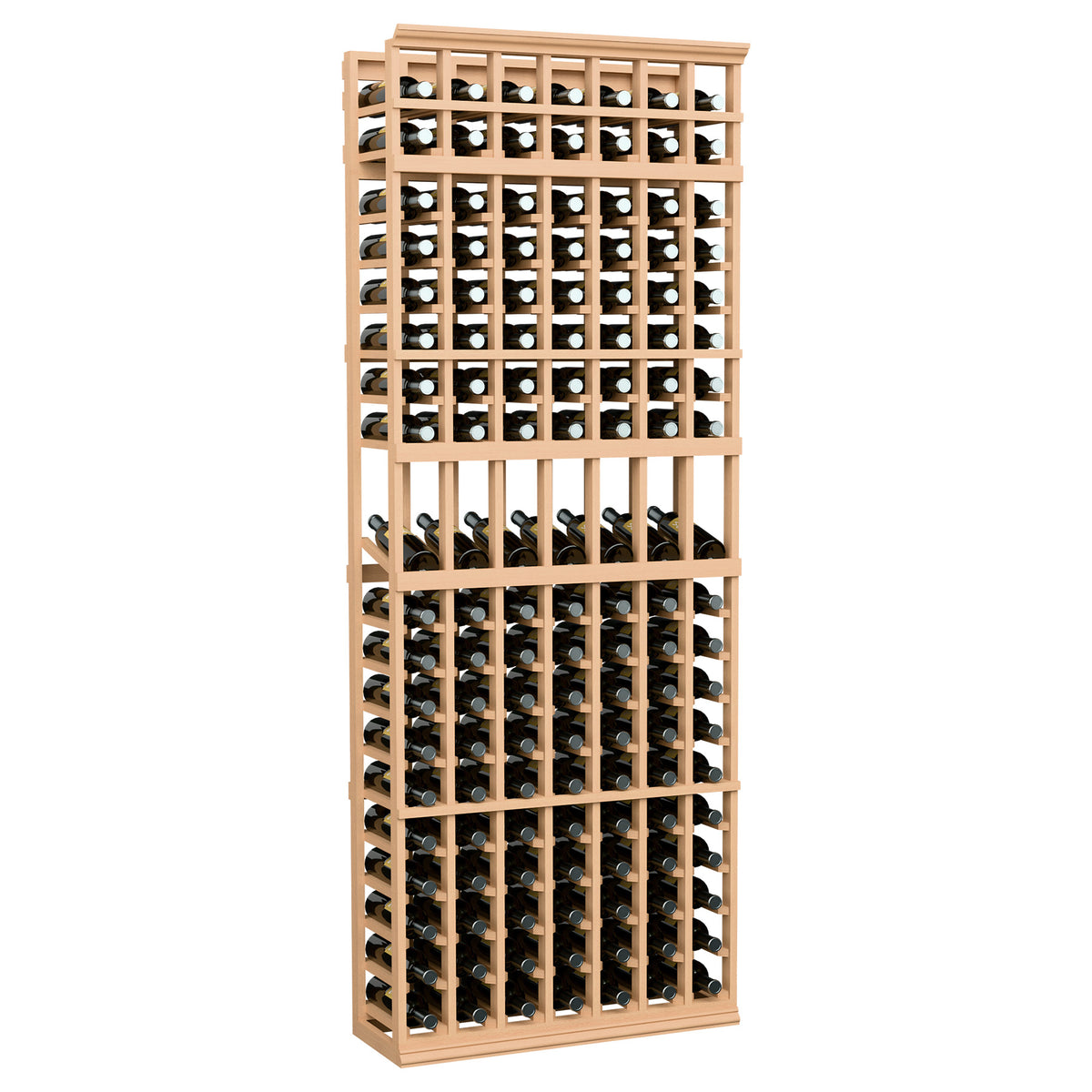7ft wine bottle display rack with 7 columns, natural wood frame, front view