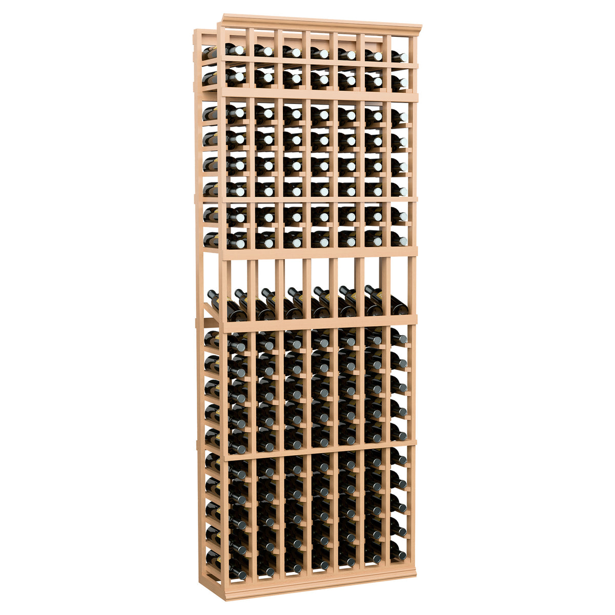 7ft wine bottle display rack with 7 columns, natural wood frame, filled bottle slots