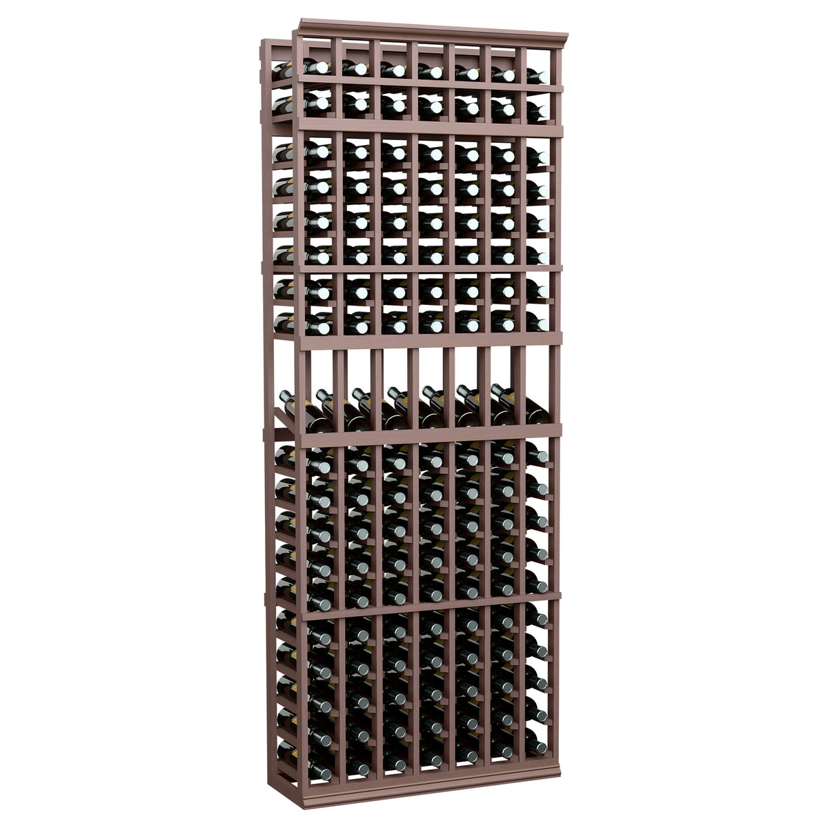 7ft wine bottle display rack with 7 columns, dark brown wood frame, front view