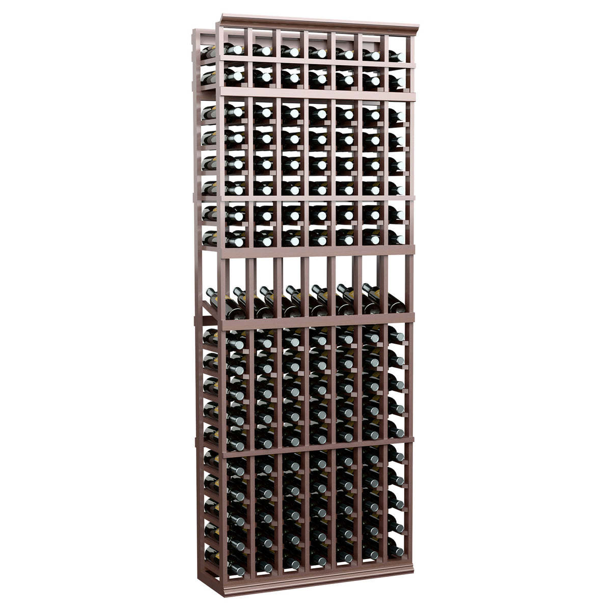 7ft wine bottle display rack with 7 columns, dark brown wood frame, filled bottle slots
