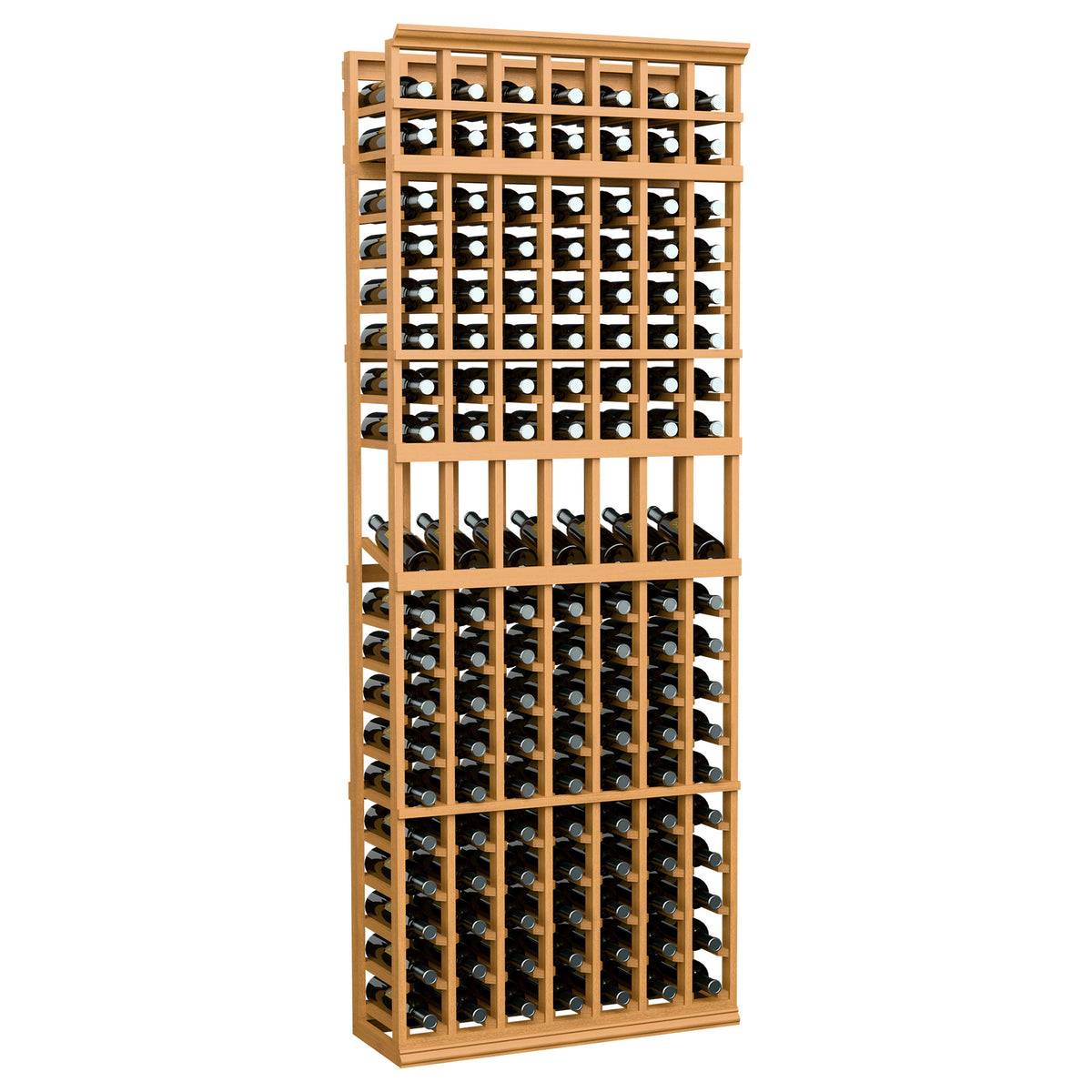 7ft wine bottle display rack with 7 columns, light tan wood frame, front view