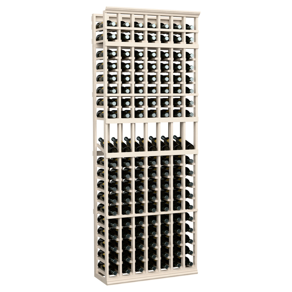 7ft wine bottle display rack with 7 columns, whitewashed wood frame, front view