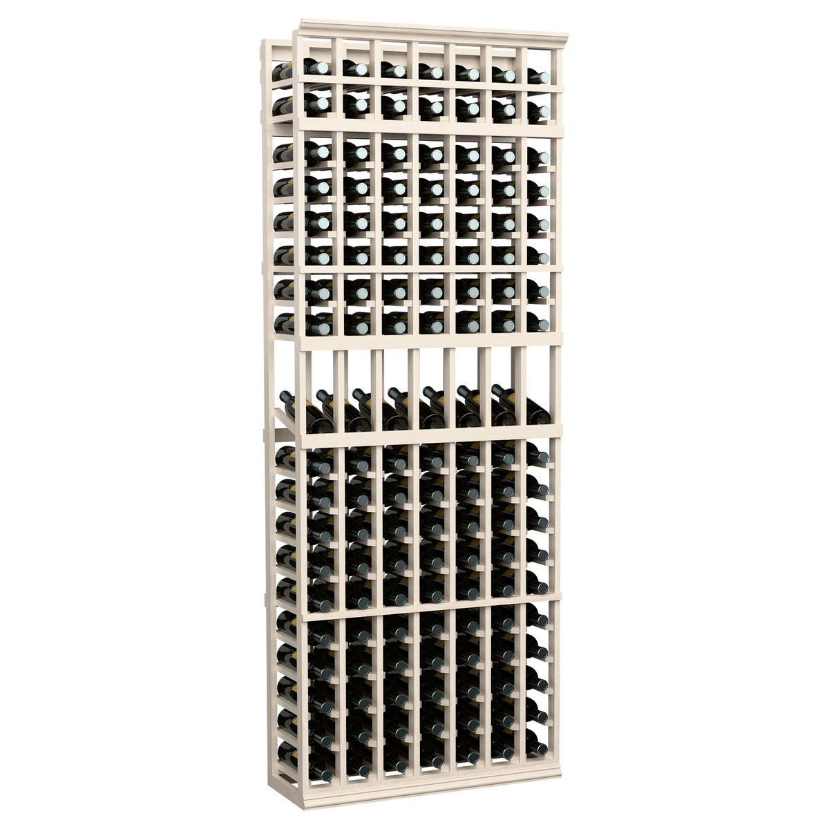 7ft wine bottle display rack with 7 columns, whitewashed wood frame, filled bottle slots