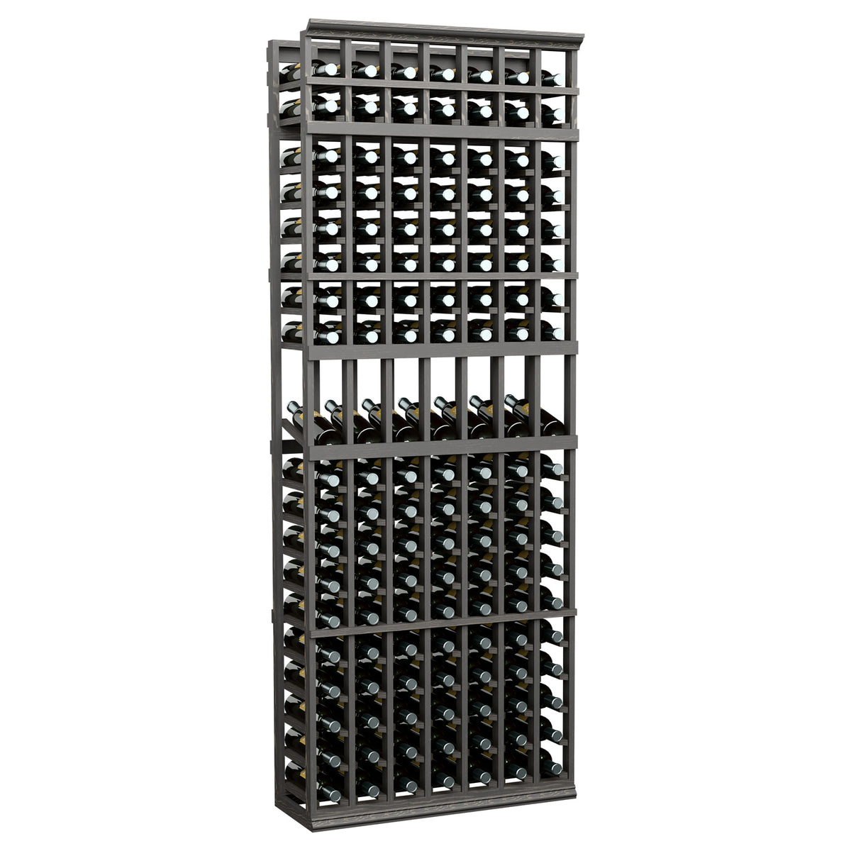 Black 7-column wine bottle display rack with full grid shelves for standing bottles.