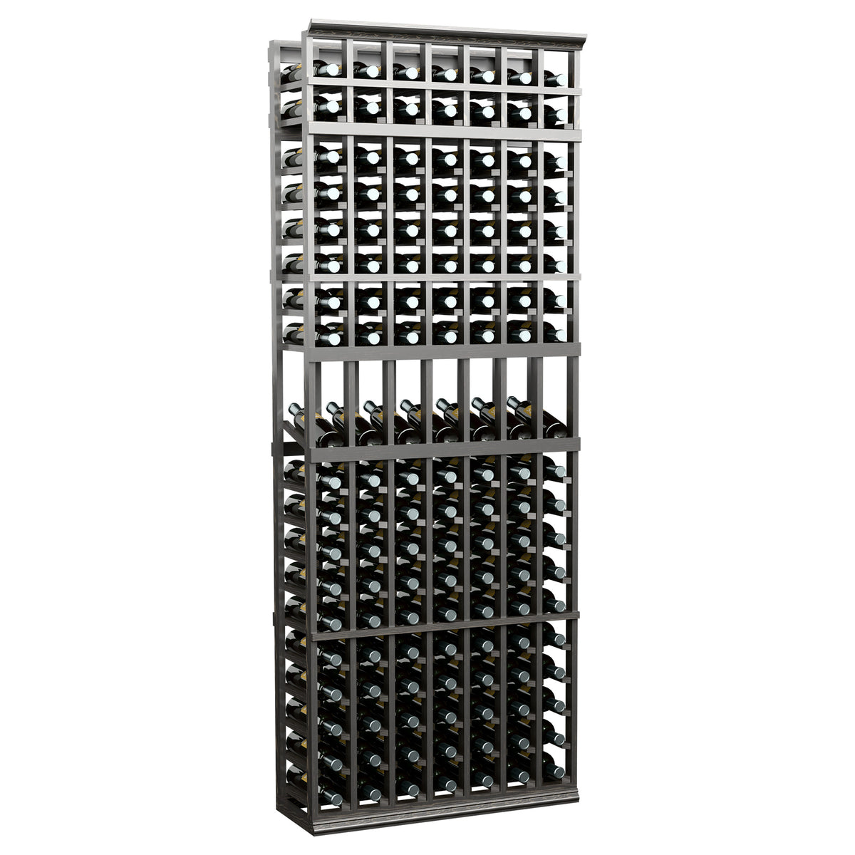 Charcoal 7-column wine bottle display rack with metal frame and bottle cubby grid.