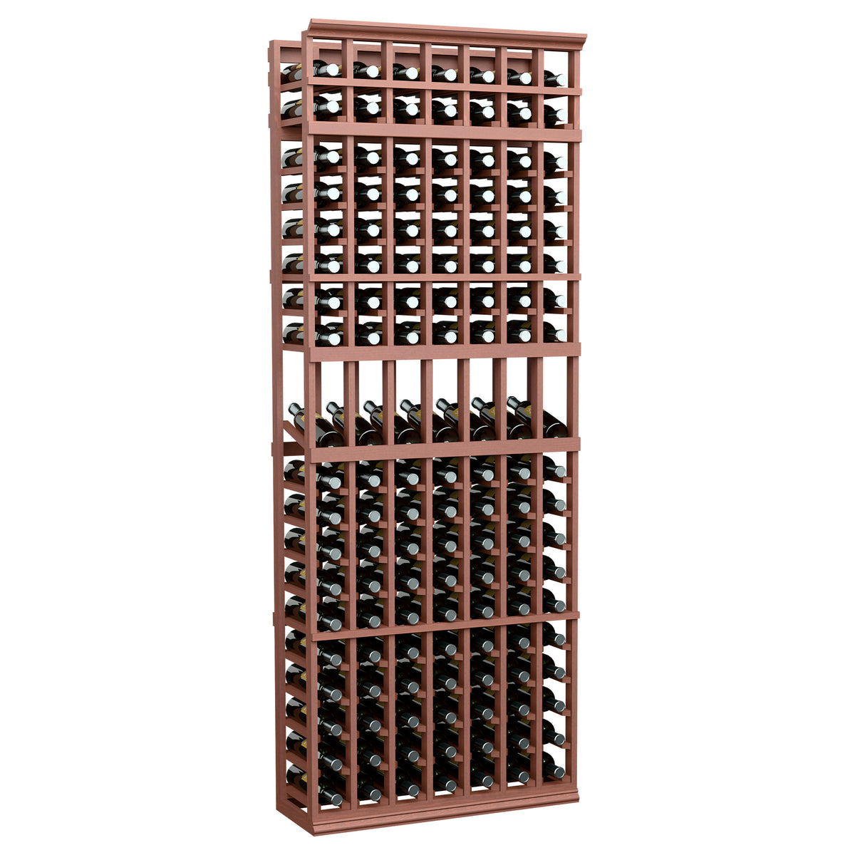 Mahogany-brown 7-column wine bottle display rack with front bottle grid shelves.
