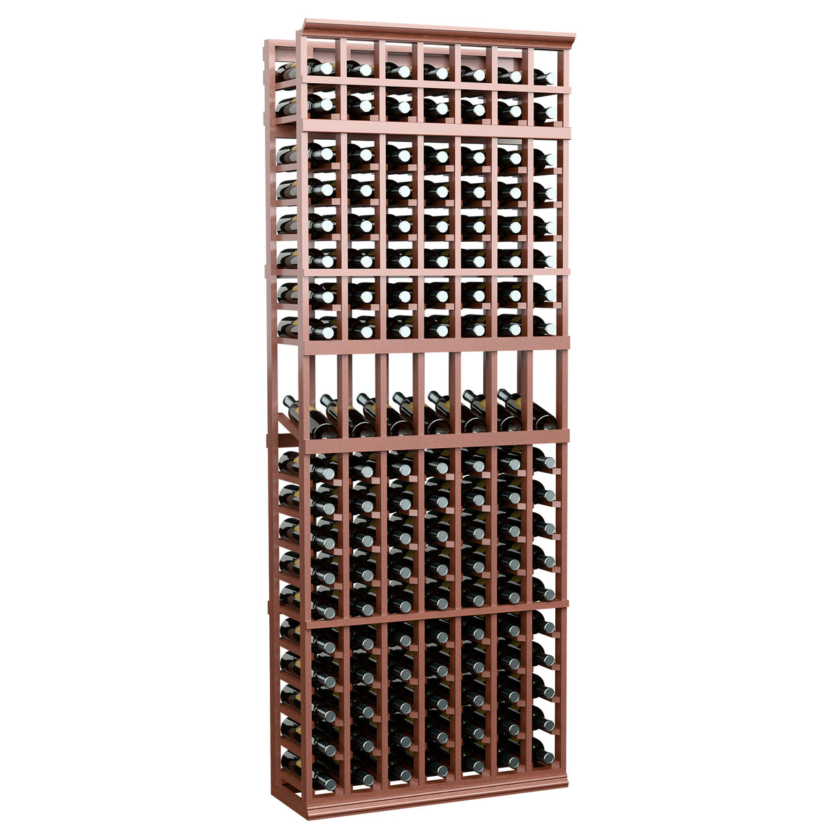 Red-brown 7-column wine bottle display rack with metal lattice bottle holders.