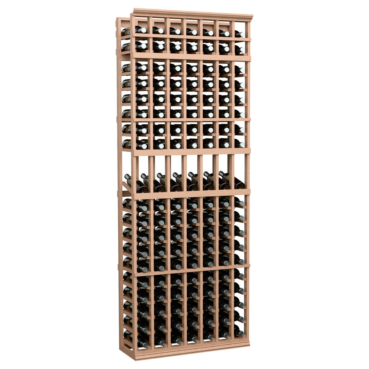 Natural wood 7-column wine bottle display rack with front grid for bottle storage.