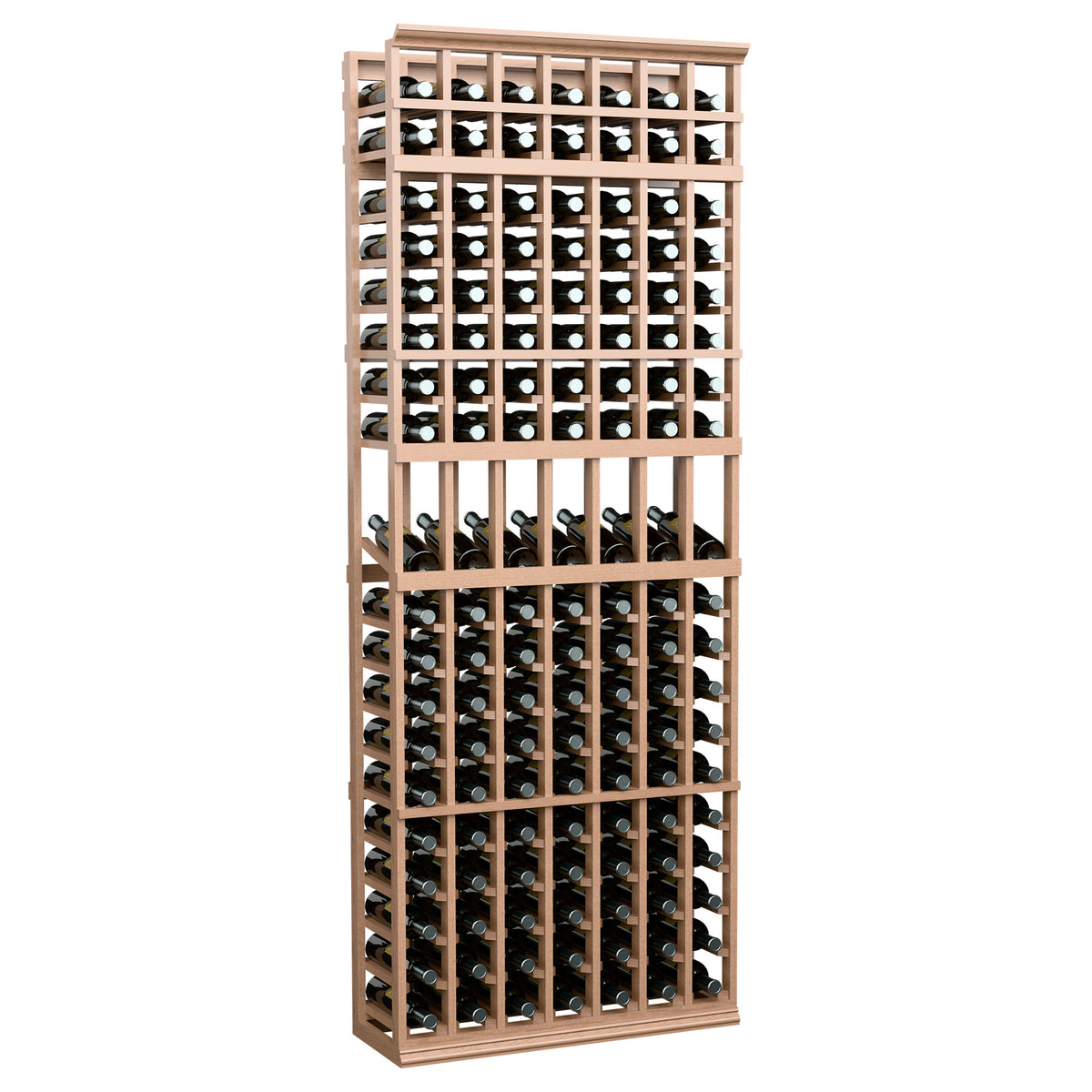 Light tan wood 7-column wine bottle display rack with organized bottle cubbies.