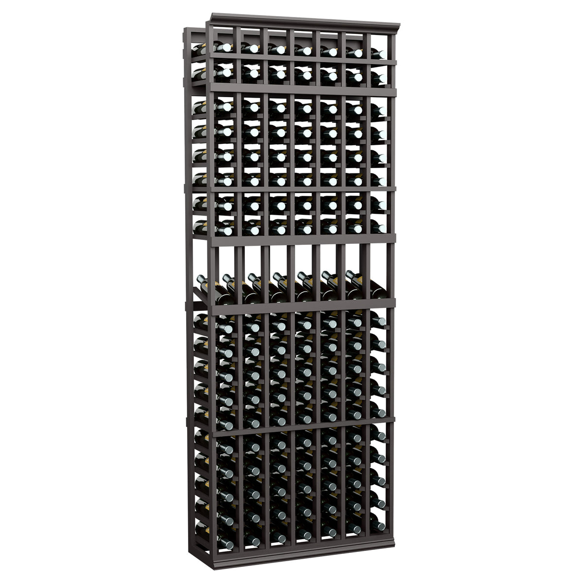 Black 7-column wine bottle display rack with metal frame and bottle grid shelves.
