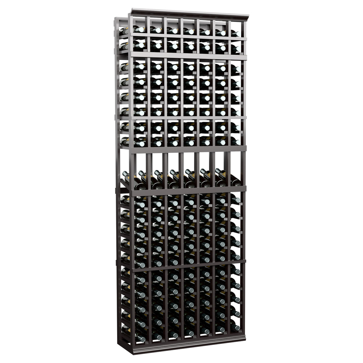 Charcoal 7-column wine bottle display rack with wire grid and front bottle holders.