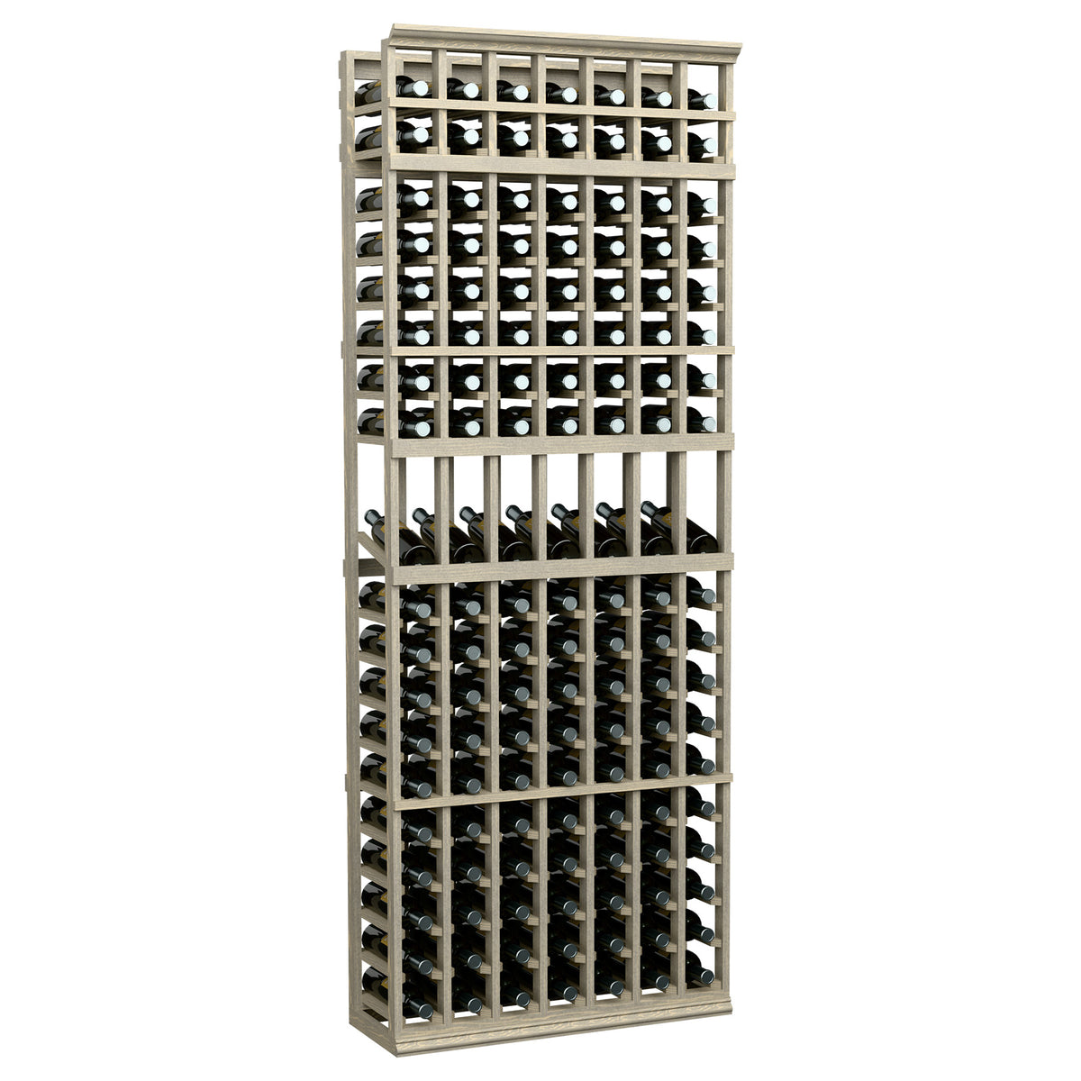 Light wood 7-column wine bottle display rack with multiple bottle slots