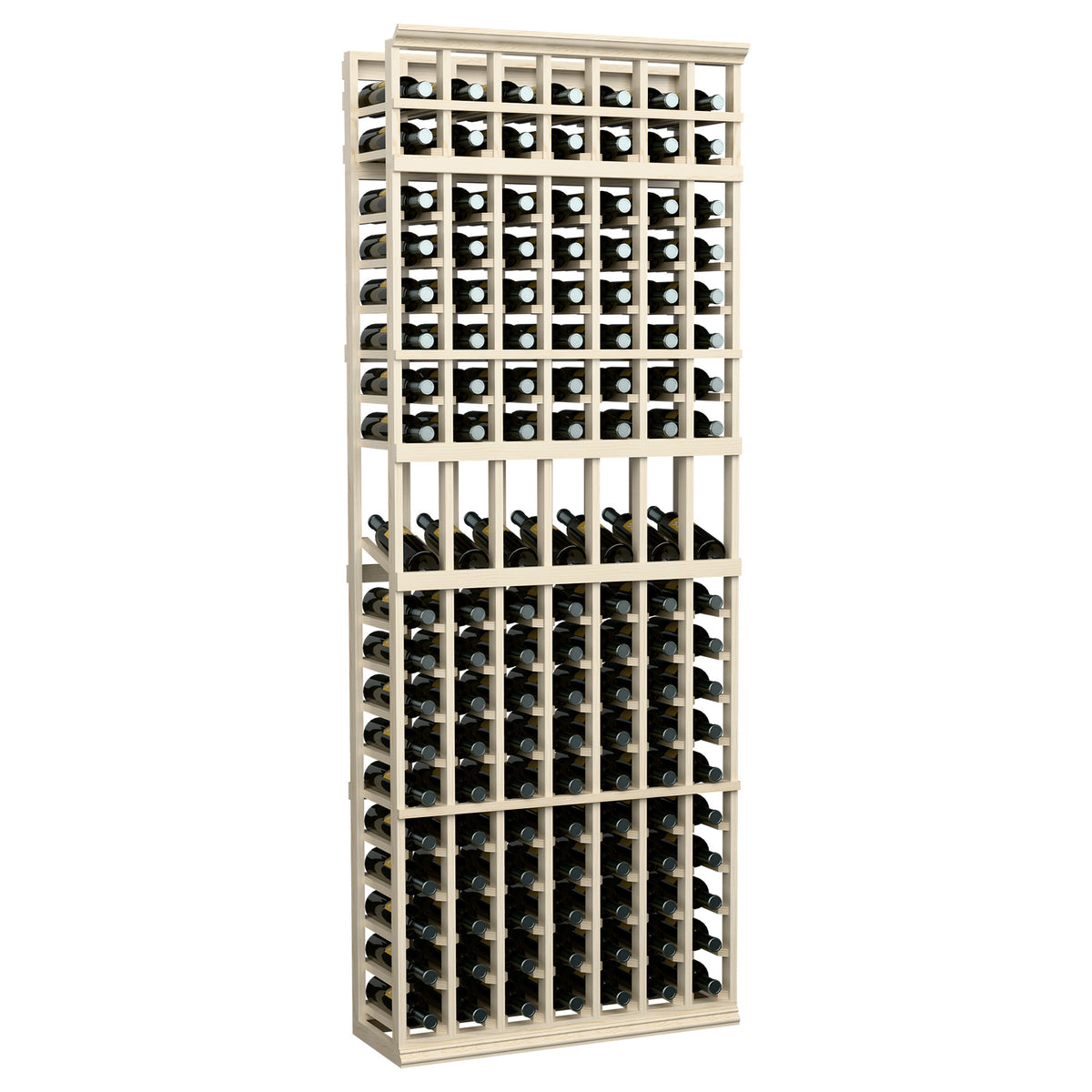 Light wood 7-column wine bottle display rack featuring open grid bottle storage