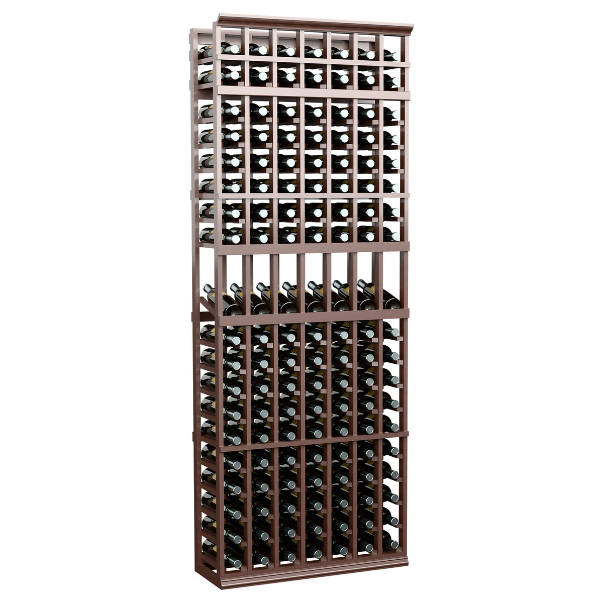 Dark brown 7-column wine bottle display rack with front bottle tray row