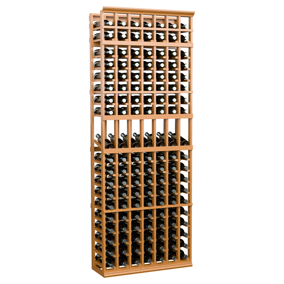 Honey-toned 7-column wine bottle display rack with open wooden grid for bottles