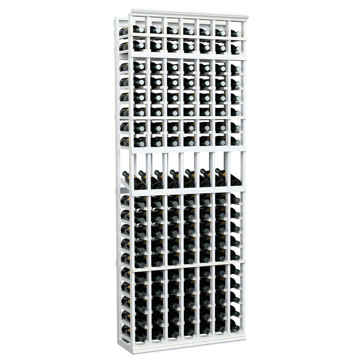 White-painted 7-column wine bottle display rack with evenly spaced bottle slots