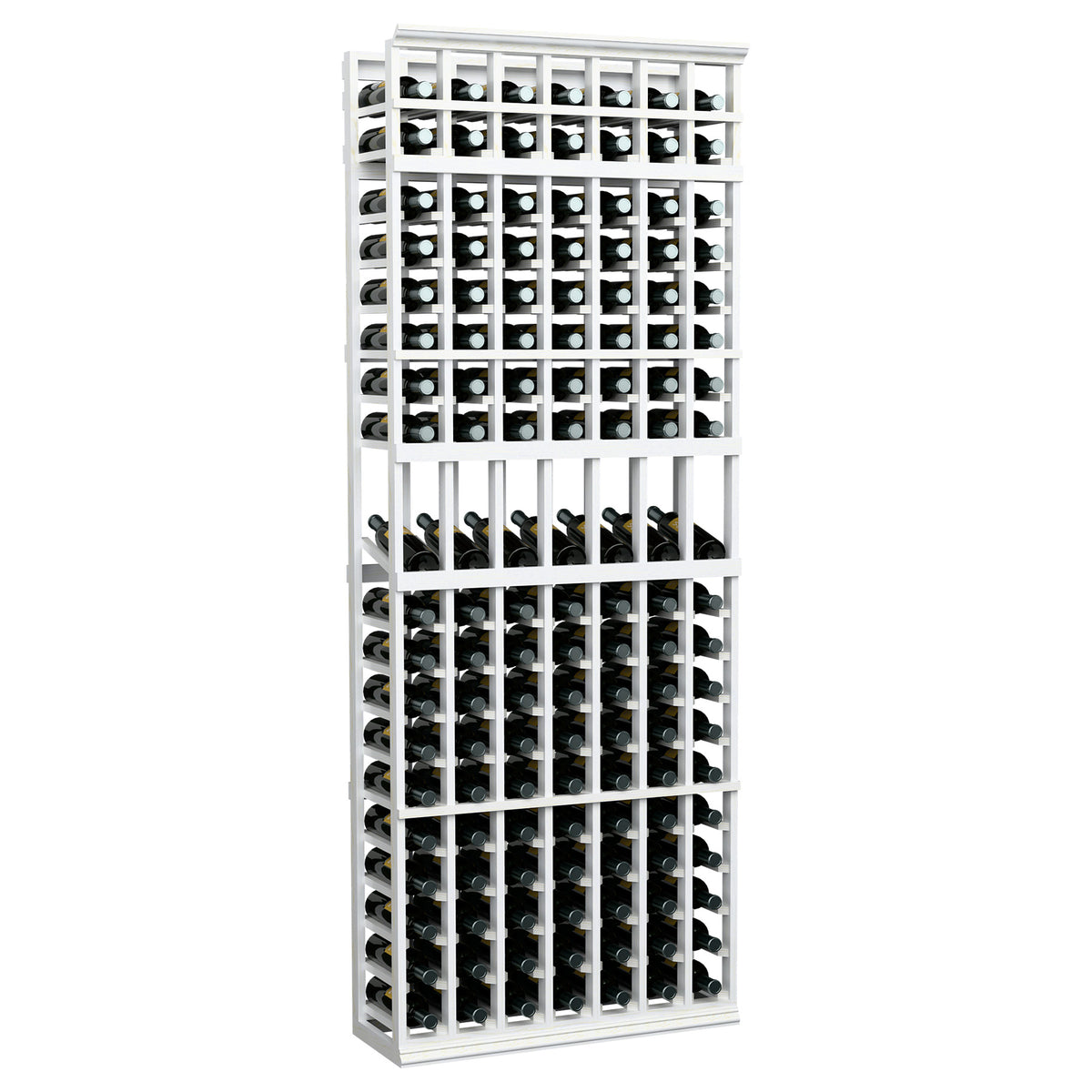 White-painted 7-column wine bottle display rack with stacked bottle openings