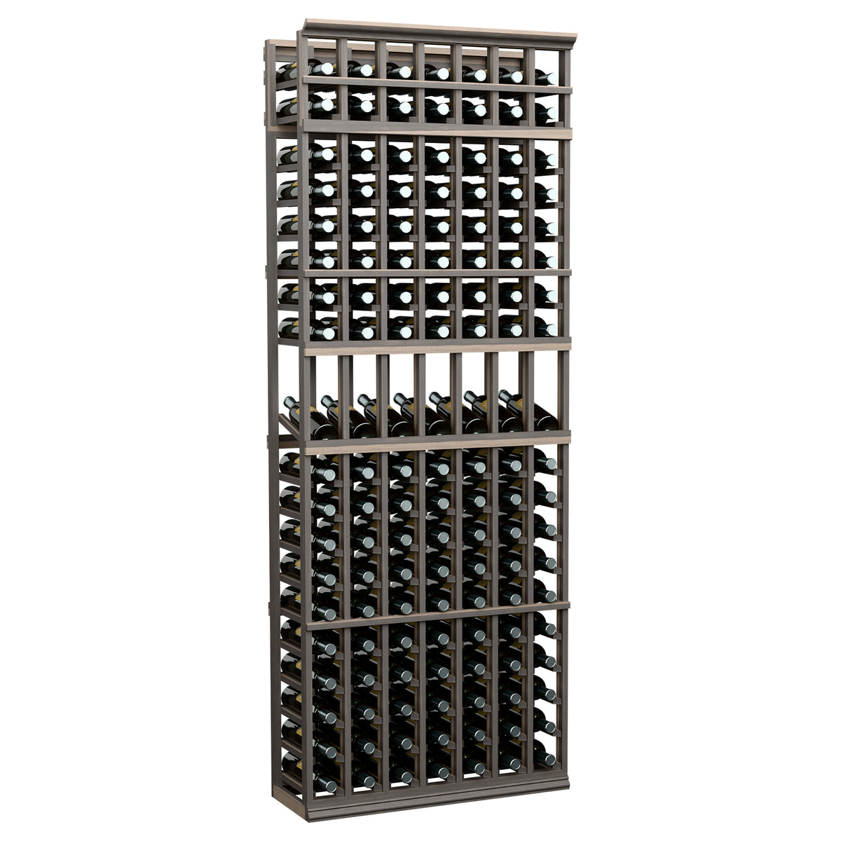 7-column wine bottle display rack with dark gray frame and glass bottle storage